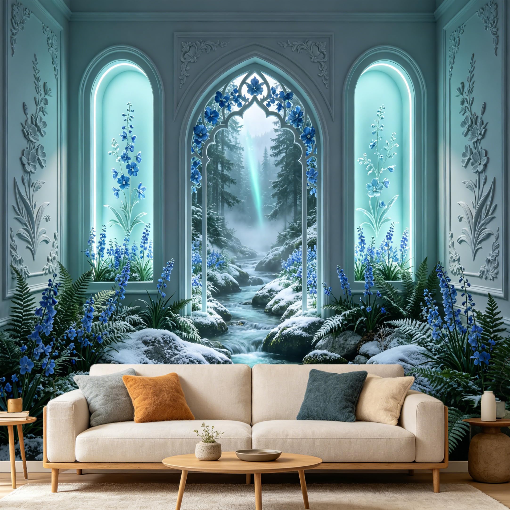 Custom Size Wall Mural 3D Archway Winter Snowy Forest Blue Flower Stream Landscape，SelfAdhesive Art Prints wall Fabric Removable Large Wallpaper Home Living Room Decor