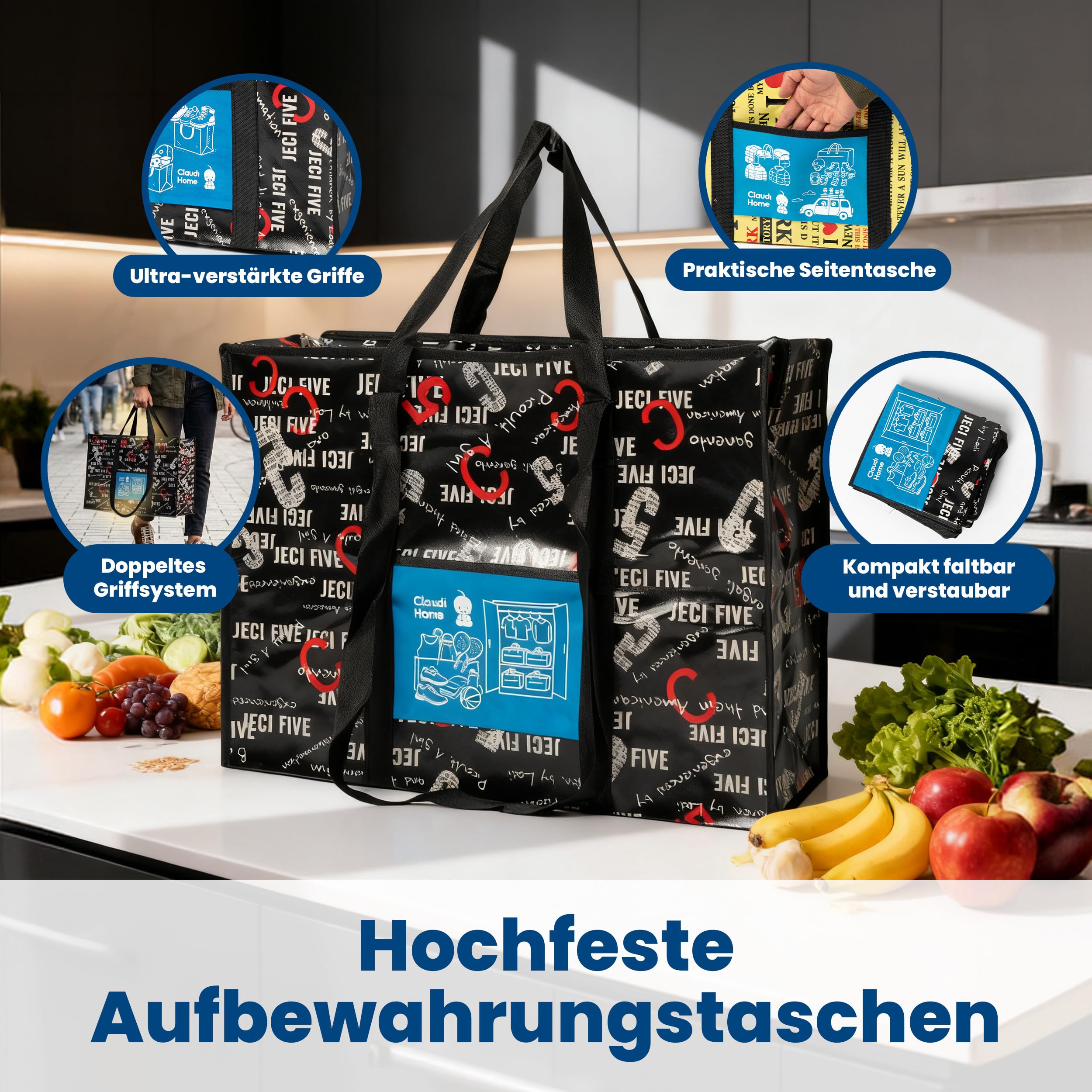 5er-Set XXL Umzugstaschen 100L mit Rucksackfunktion & verstärkten Griffen, extrem robuste Kleidertaschen für Bettdecken, Wäsche. Aufbewahrungstasche für Camping, Reisen & Sport | Claudi Home