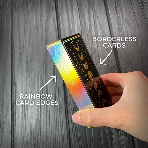Miniatura 2 de Mistyc - Cartas de tarot minimalistas con lámina de arco iris, 78 baraja de tarot con bordes dorados, para principiantes y expertos con guía (negro)