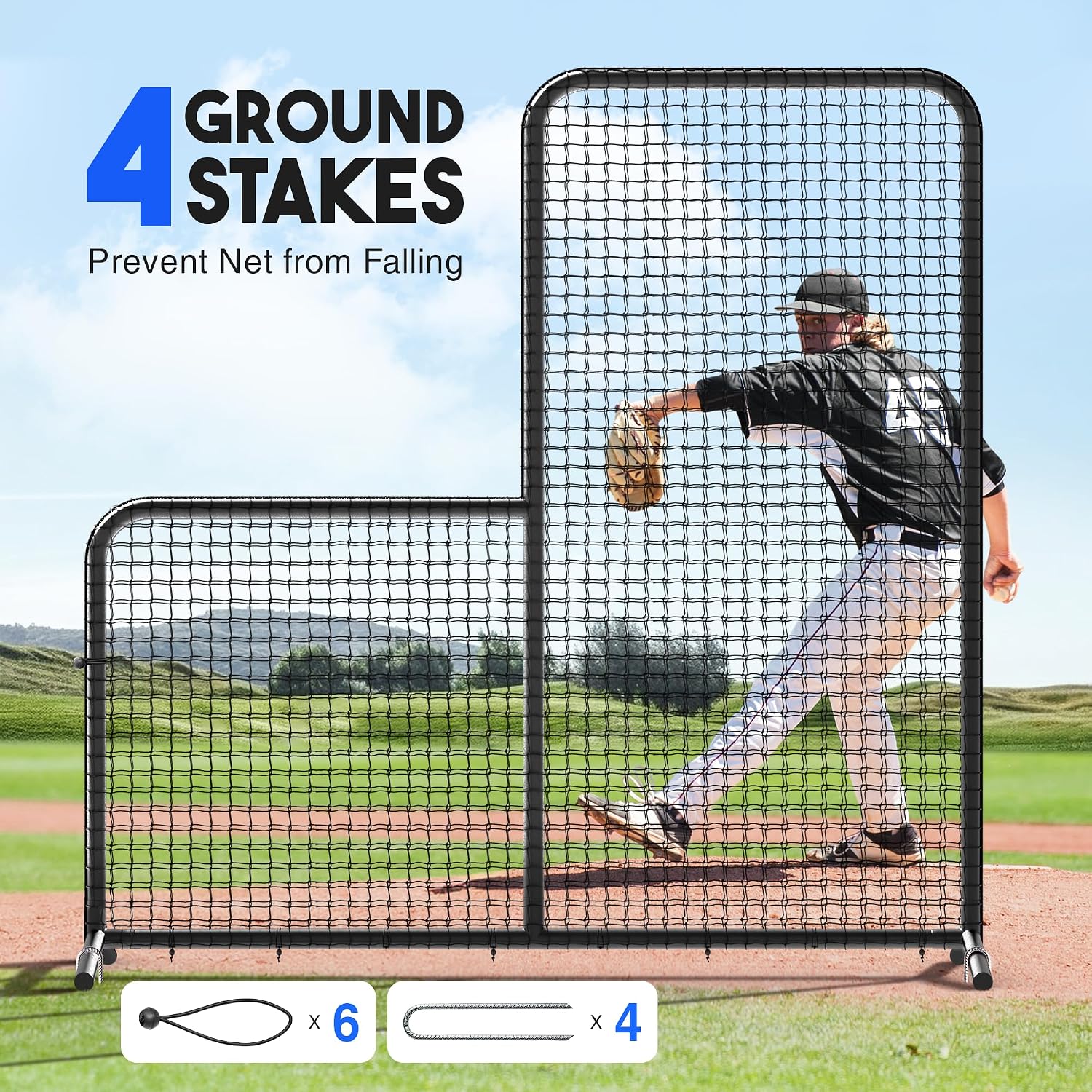 Anova Portable Pitching Mound with 4 Baseballs - L Screen Baseball for Batting Cage, Protective Pitching Screen 6x6ft No Wheel with Carry Bag Included