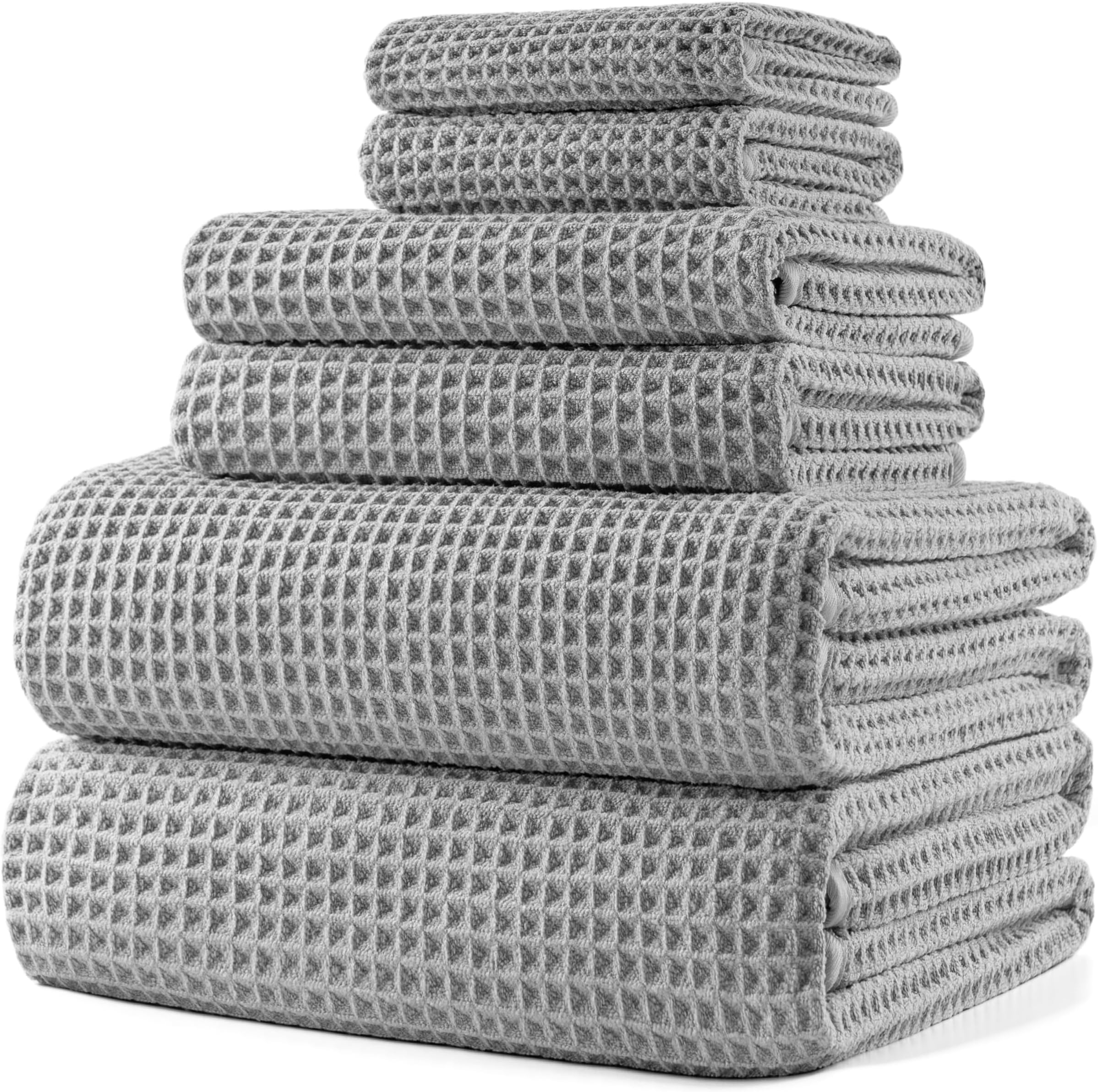 POLYTE 430 GSM Microfiber Quick Dry Lint Free Oversize Bath Towel Set, 6 Piece (Waffle Weave)