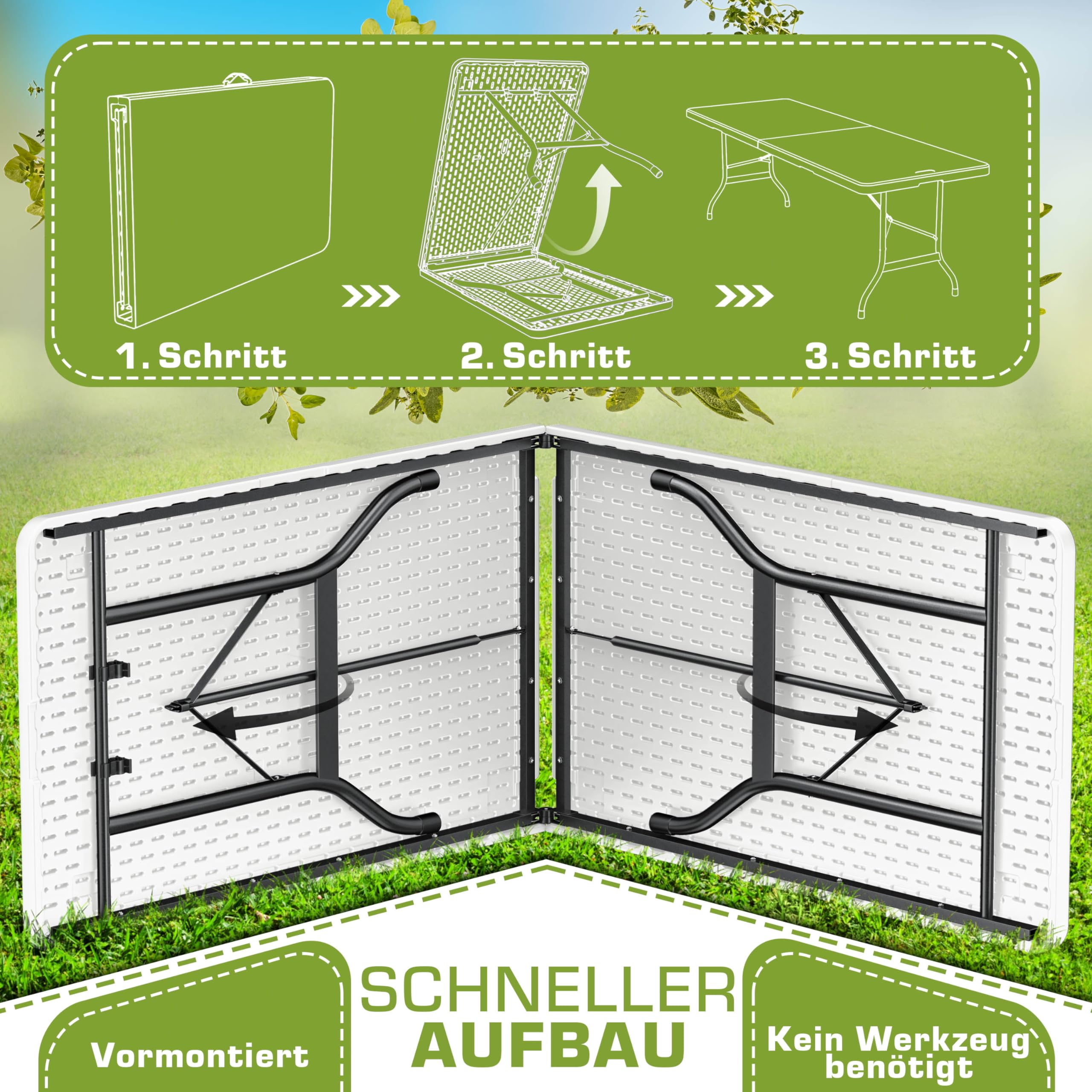 tillvex Gartentisch 180x75cm klappbar Kunststoff | Buffettisch mit Tragegriff | Klapptisch für Garten Terrasse und Balkon | Campingtisch 8 Personen