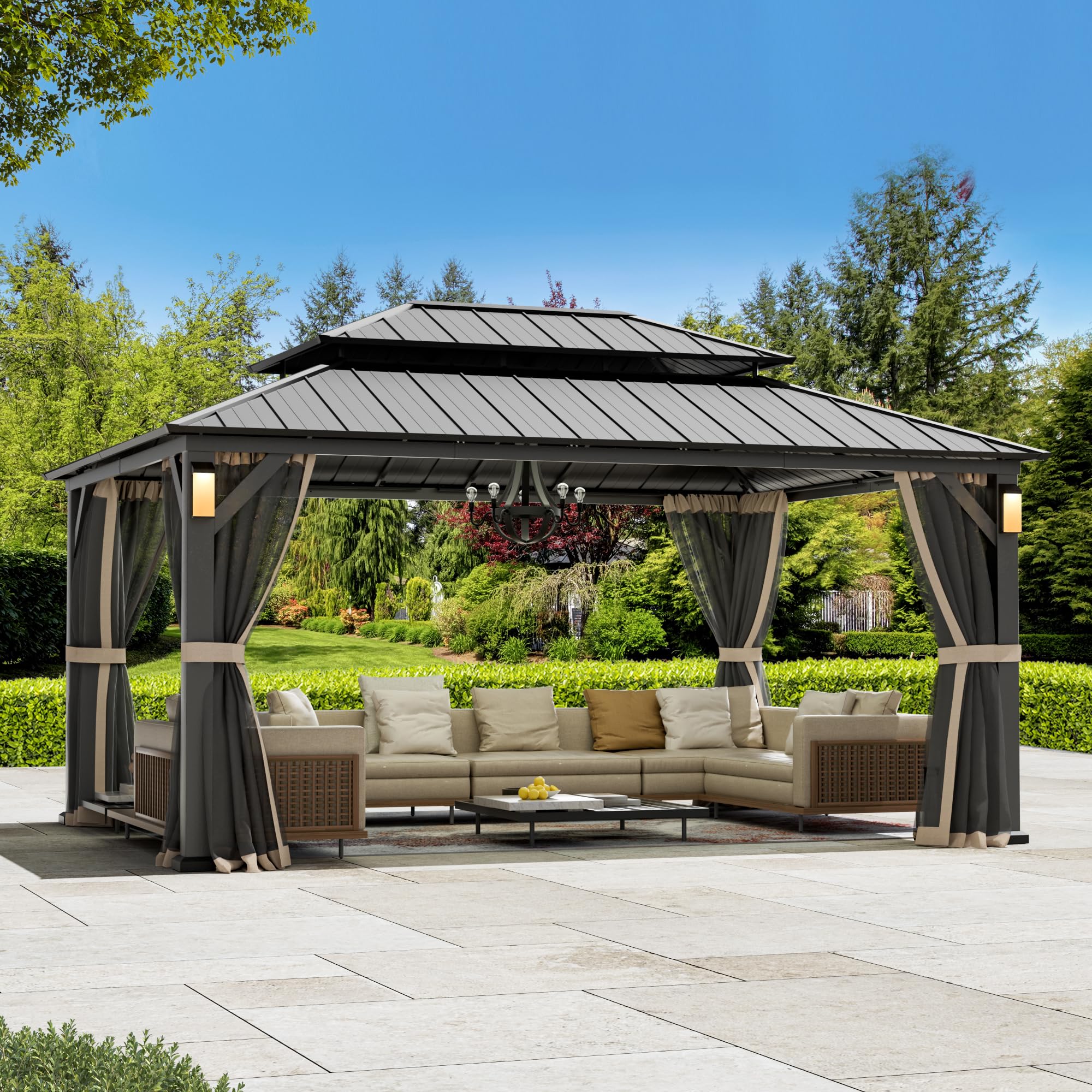 Big Leaf 12'x16' Hardtop Gazebo Permanent Metal Structure with 4 Solar LED Lights, Outdoor Gazebo with Double Galvanized Steel Roof, Mosquito Netting