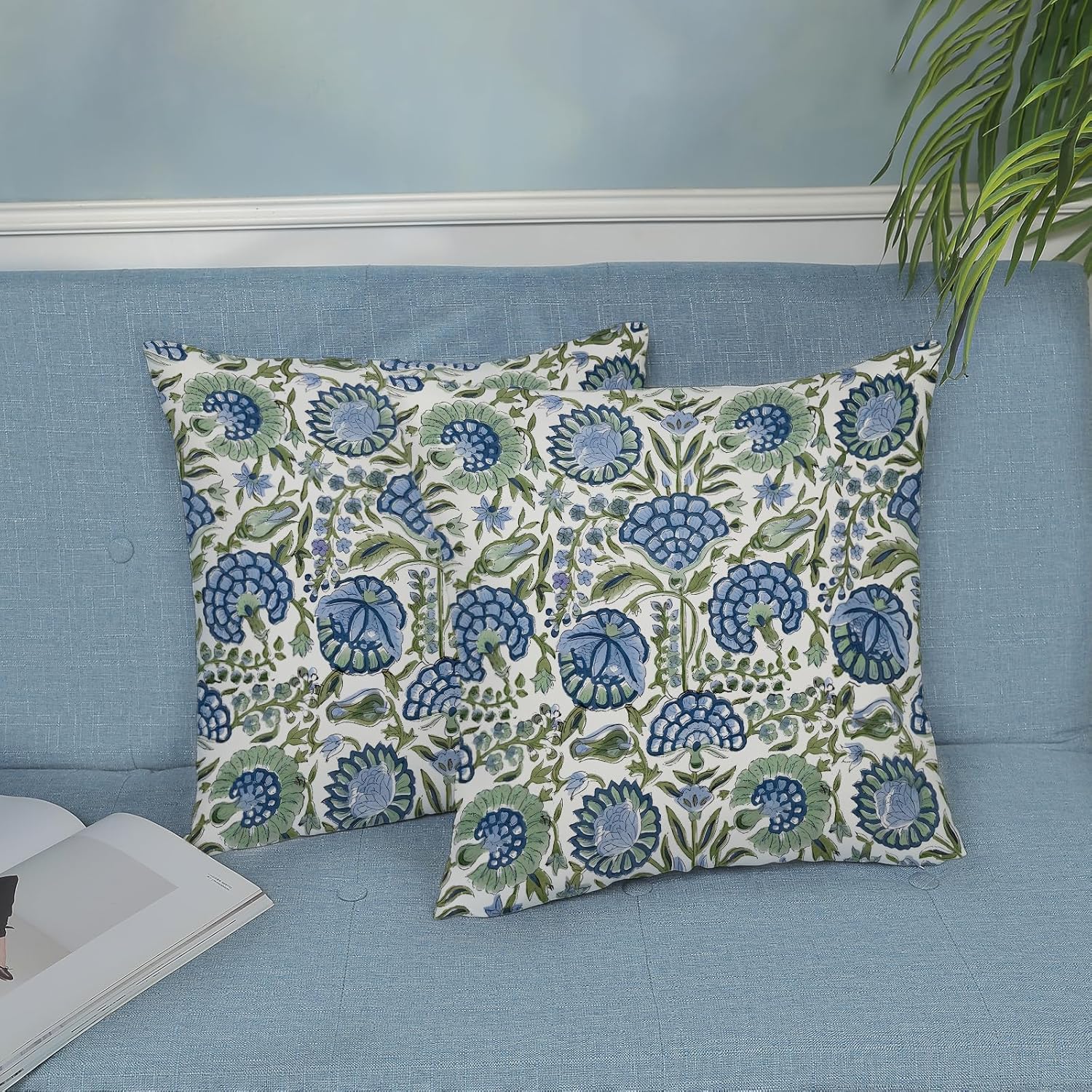 Boho Navy Blue Pillow Covers 18x18 Inch 2 Pcs Sage Green Vintage Floral Decor Throw Pillows Spring Flower Summer Outdoor Farmhouse Decoration Pillowcase Cushion Cover for Couch Sofa Bed - Image 4