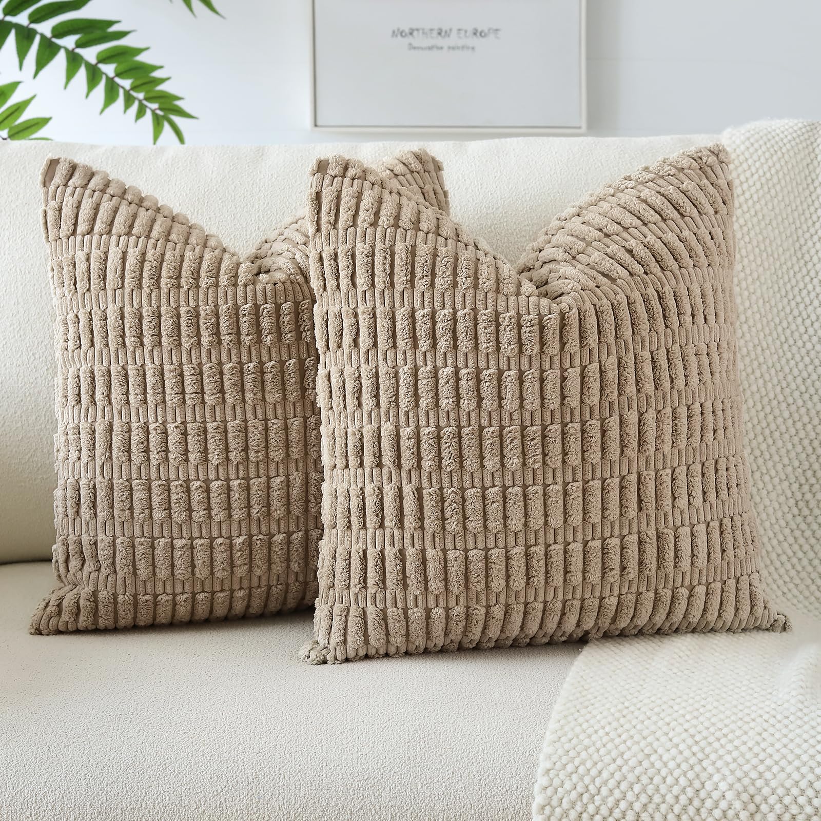 otostar pack of 2 corduroy soft decorative throw pillow covers 18 x 18 inch soft boho striped cushion case couch farmhouse home decor pillow covers for sofa bed living room (light khaki)