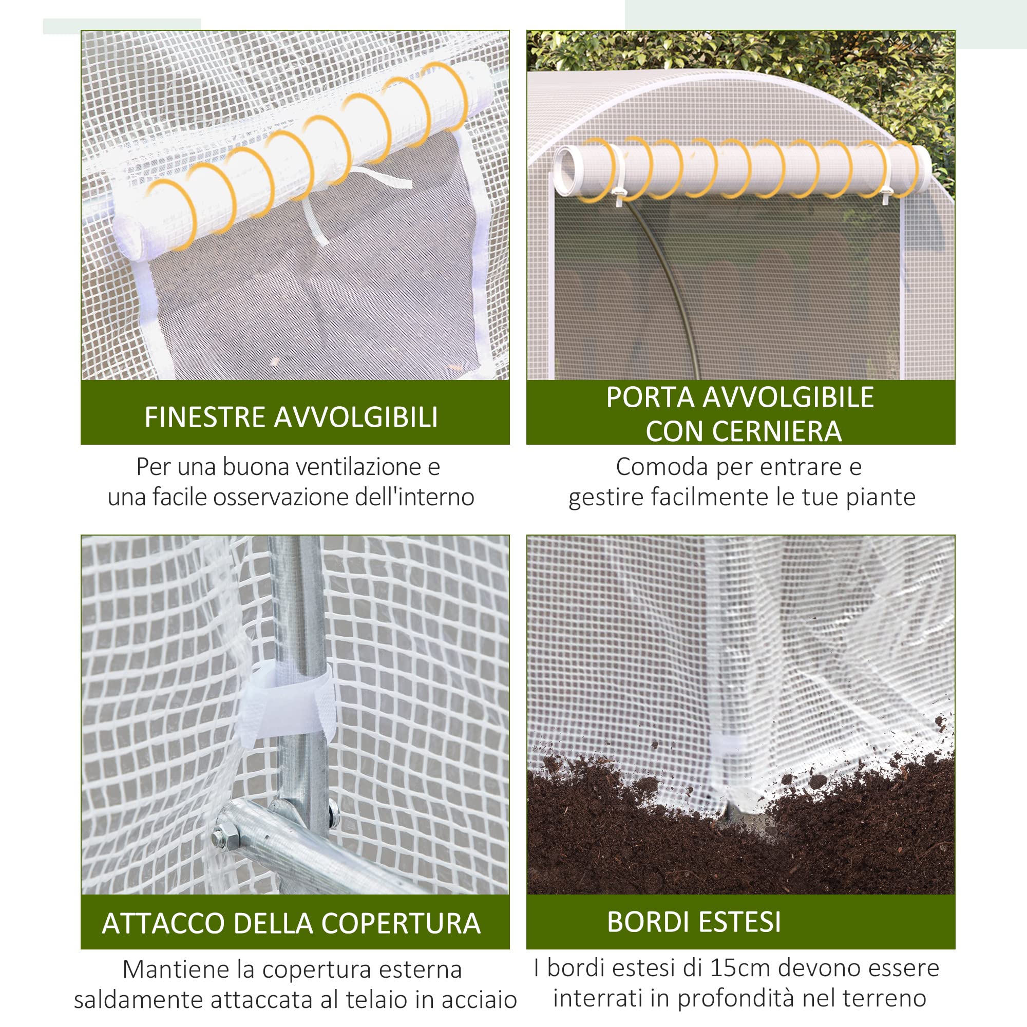 Outsunny Serra da Giardino a Tunnel 4x2x2 m con Porte Avvolgibili e Finestre, Serra per Orto con 4 Rinforzi Diagonali, Struttura in Metallo e Copertura PE, per Orto Verdure Fiori, Bianco