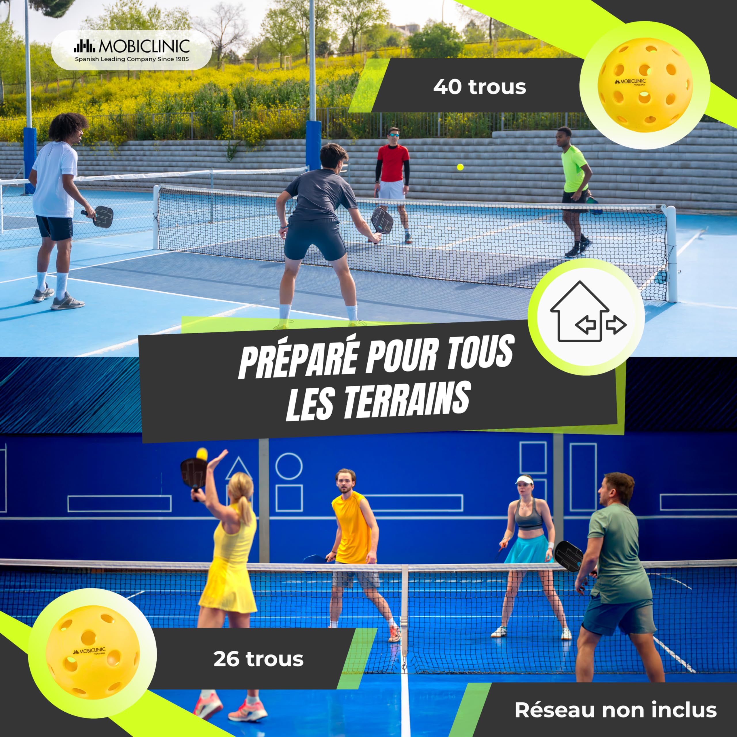 Mobiclinic®, Ensemble de Pickleball, Raquettes en Fibre de Verre, Balles D'intérieur et D'extérieur, Sac Transport, Poignée Ergonomique, Noyau en Polypropylène Alvéolé, Grip