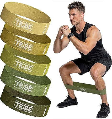 Vista 17 de Tribe Lifting - Bandas de resistencia de tela para glúteos y piernas Juego de 5 bandas de tela para entrenamiento Bandas gruesas de glúteos
