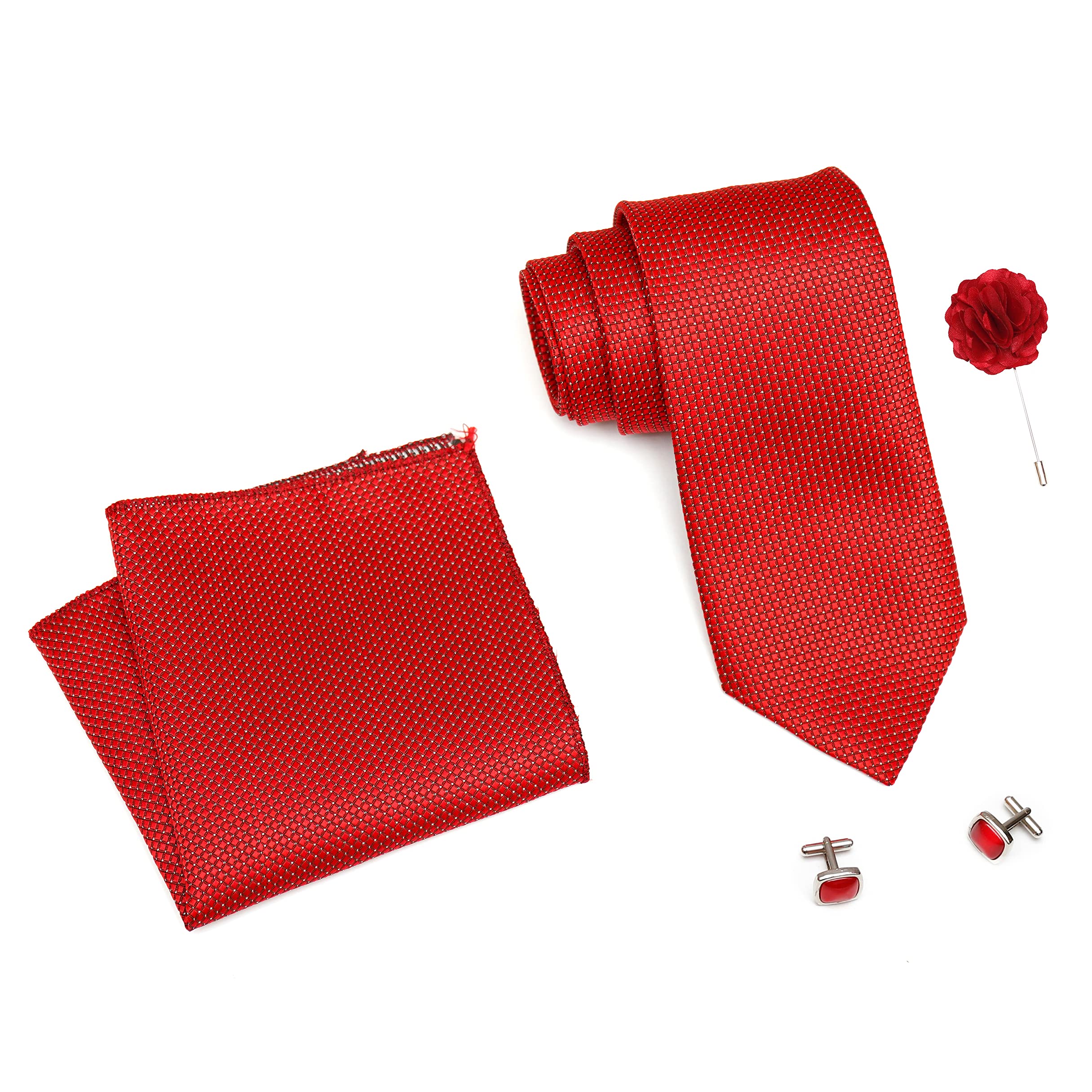 RIZORO Tie for Men – Dotted Silk Neck Ties Set with Cufflinks Flower Pin, Pocket Square & Black Gift Box, Combo Necktie Sets for Office Wear, Formal Suits & Weddings (Red, A10RDRX) 3