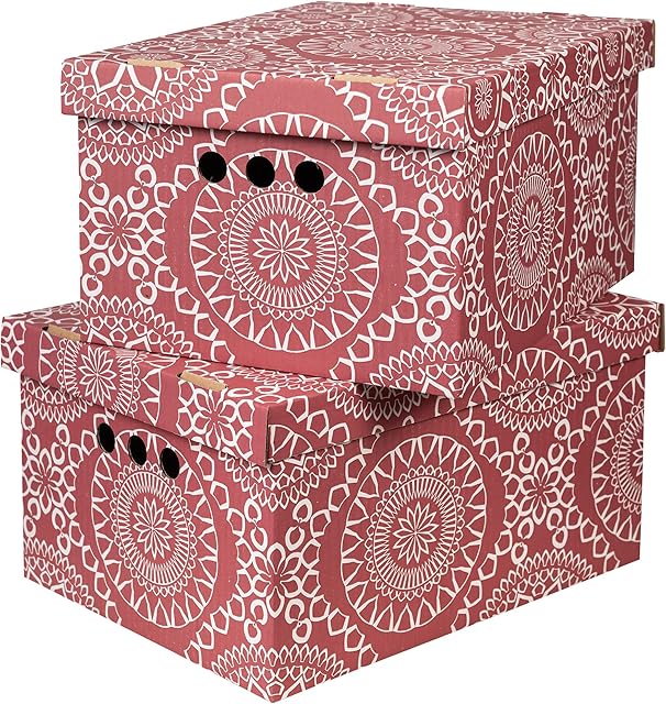 Cardboard Storage Boxes with Lid, Decorative Wardrobe, Closet, Home & Office Organiser with Handle, Flat-Packed, Stackable File Box, Gift for Adults & Kids, Set of 2, Large - Marocco Burgundy
