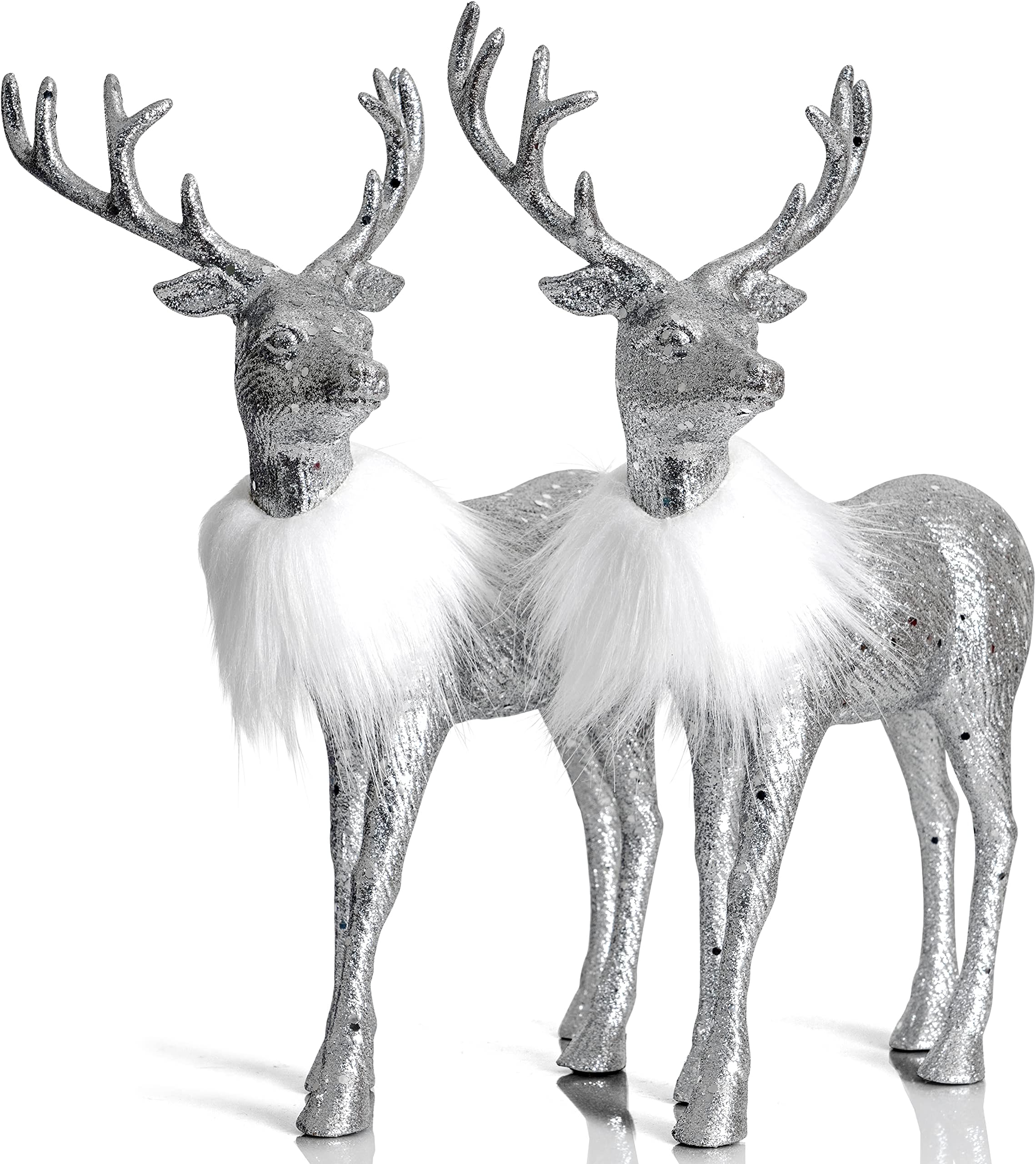 Ornativity Silver Glitter Christmas Reindeer - Holiday Party Deer Figurine Statues Dinner Tabletop Decorations Centerpiece - Pack of 2