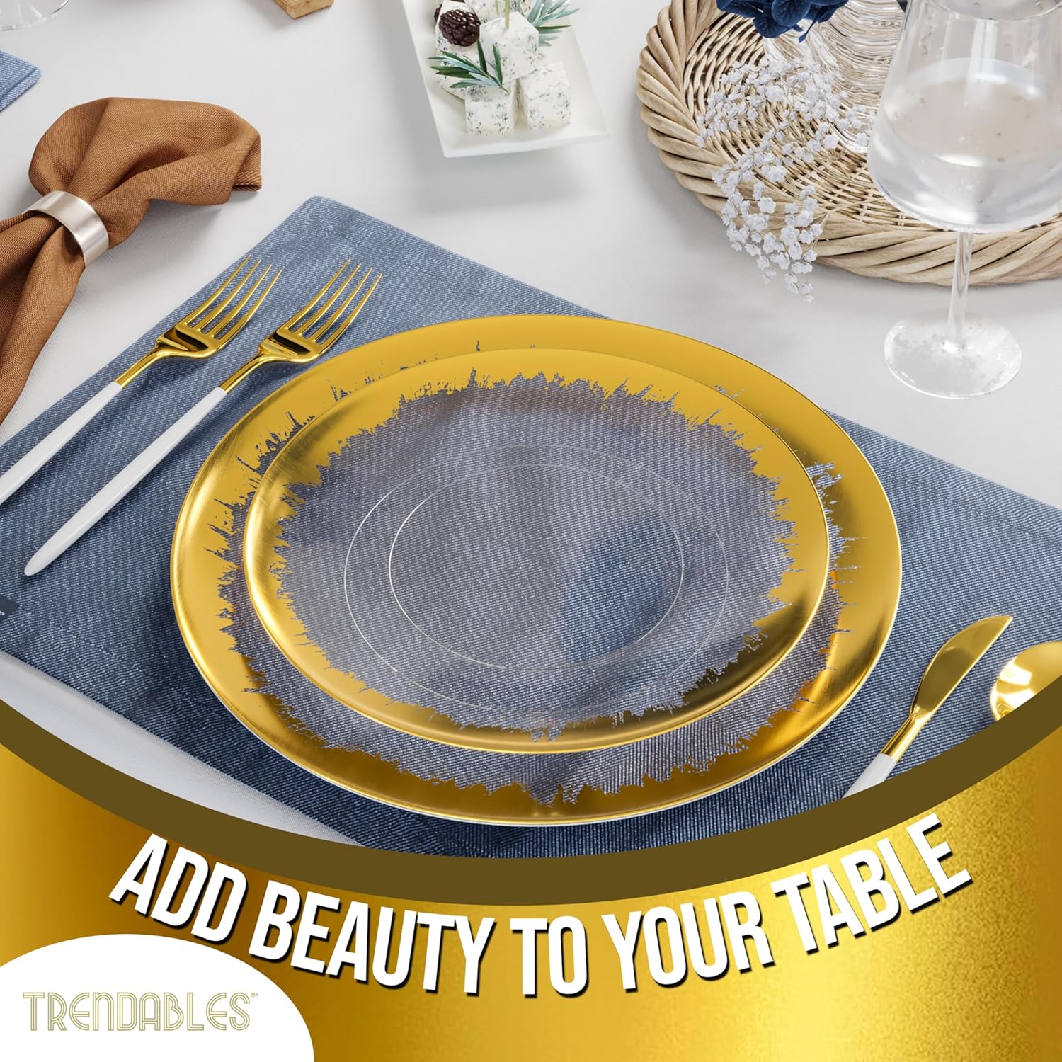 Trendables Disposable Plates For Party Supplies | Gold Rimmed Plastic Plates With Gold Rim 60 Pcs - 30 x 8 Dessert Plate & 30 x 10 Dinner Plate Sets | Disposable Plastic Dinnerware Sets