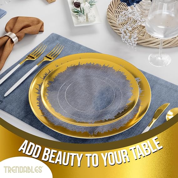 Trendables Disposable Plates for Party Supplies | Gold Rimmed Plastic Plates with Gold Rim 60 Pcs - 30 x 8 Dessert Plate & 30 x 10 Dinner Plate Sets | Disposable Plastic Dinnerware Sets