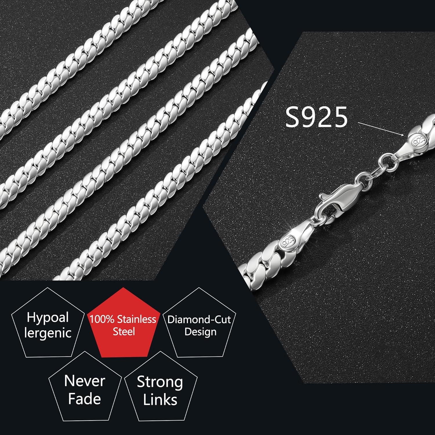 S925 Sterling Silver Chain Necklace for Men, Sterling Silver Cuban Link Curb Chain Necklace for Women Men Jewelry Holiday Gift 18 20 22 24 Inch - Image 7