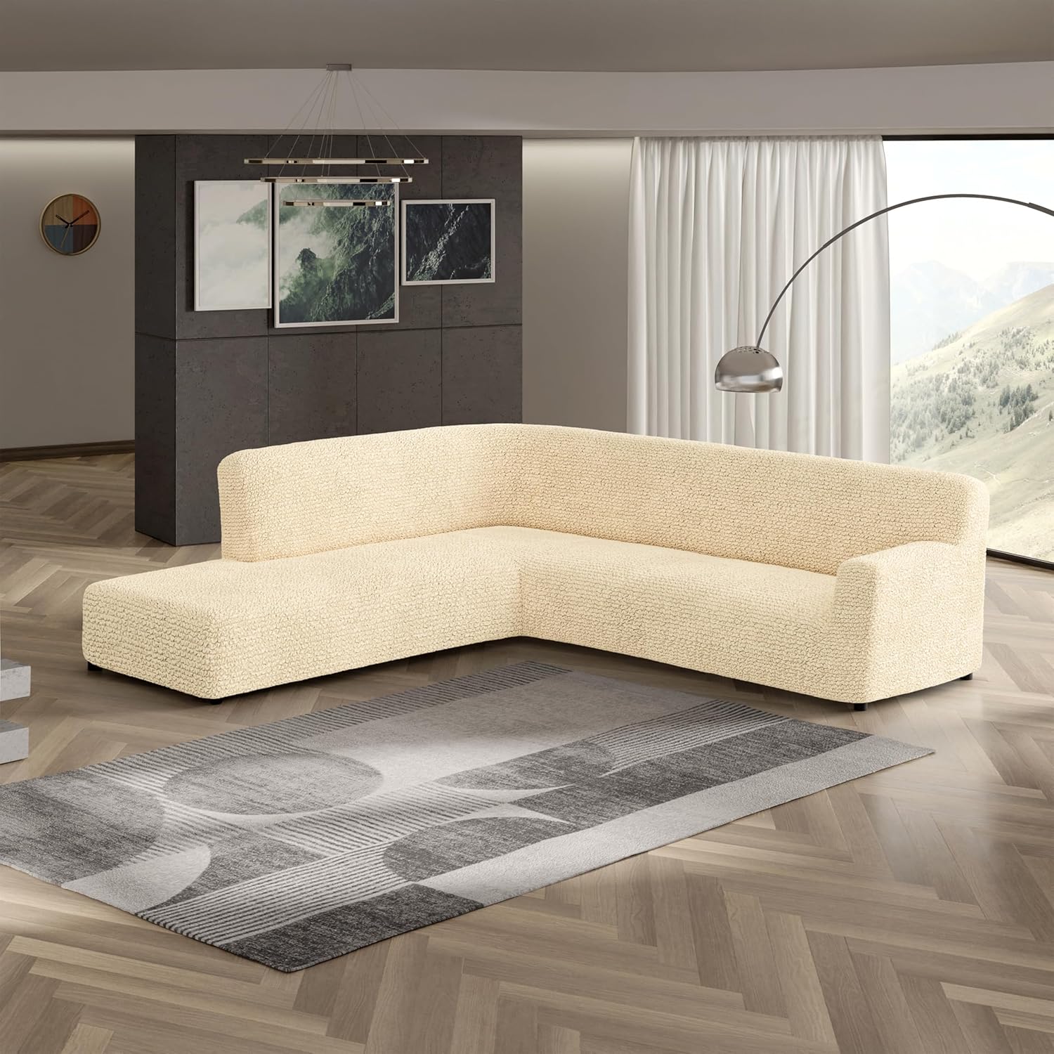 PAULATO BY GA.I.CO. Stretch Sectional Sofa Slipcover 1-Piece – Bi-Elastic L Shape Couch Cover – Furniture Protector Machine Washable – Cream (Left-Facing Bumper Chaise Sectional)