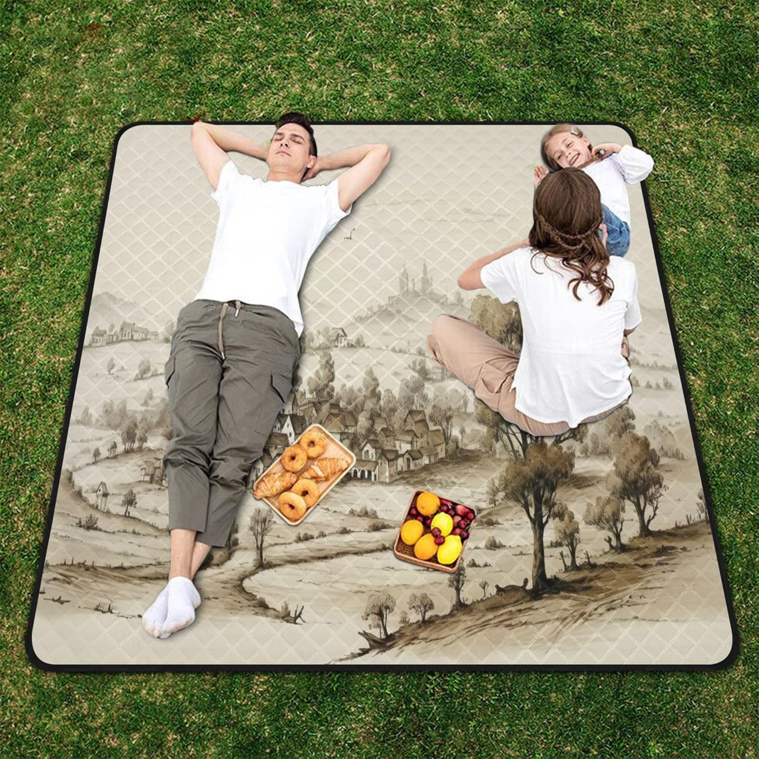 xigua Western Fields Scenery Large Picnic Blankets Waterproof Sandproof Beach Blanket Machine Washable, Portable Foldable Outdoor Blanket for Grass Park, Hiking, Concerts, Beach Vacation, 78" x 78"
