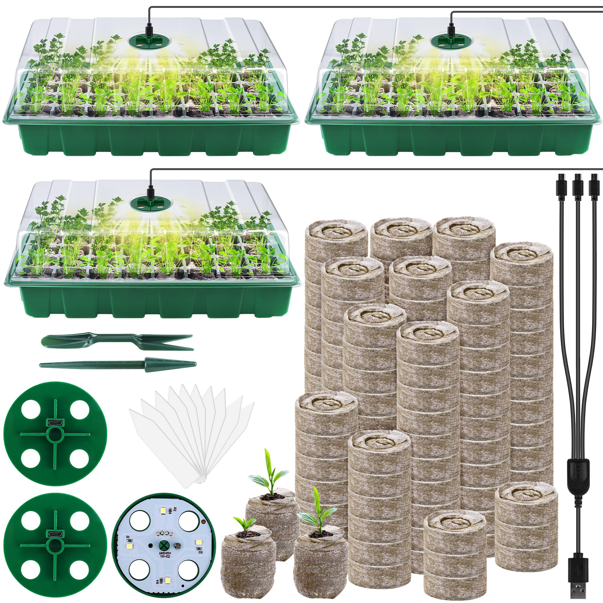 Photo 1 of 3 Pack Seed Starter Tray Kit with Grow Light Germination Trays with Humidity Dome, 120 Peat Pellets, Gardening Tools, Plant Labels, Plant Growing Trays for Seeds Growing Starting, Green
