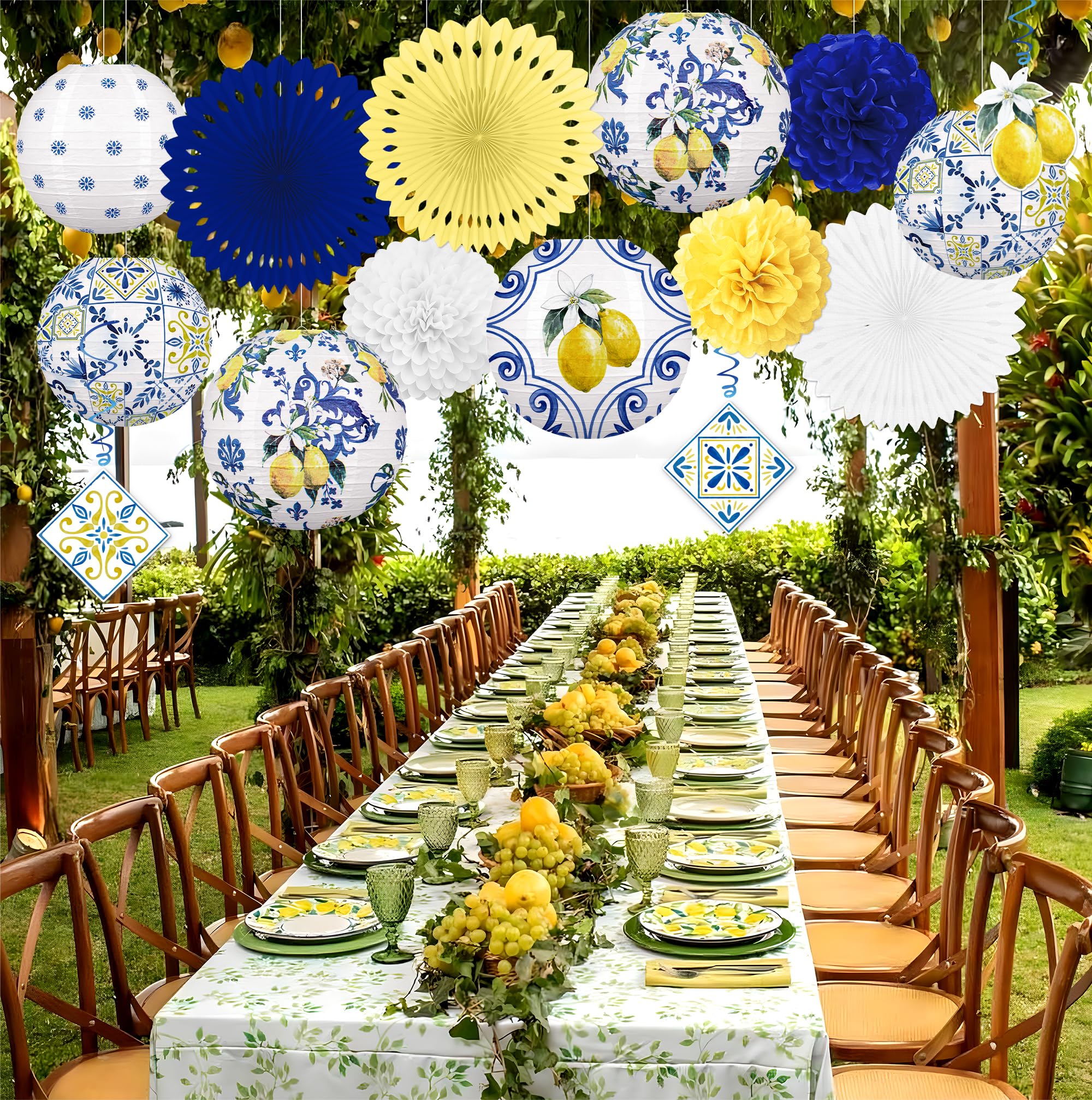 Lot de 15 lanternes en papier citron pour décorations de fête : côte amalfitaine Capri jaune et bleu Carreaux méditerranéens à suspendre pour fête prénuptiale, anniversaire, mariage – Style 2