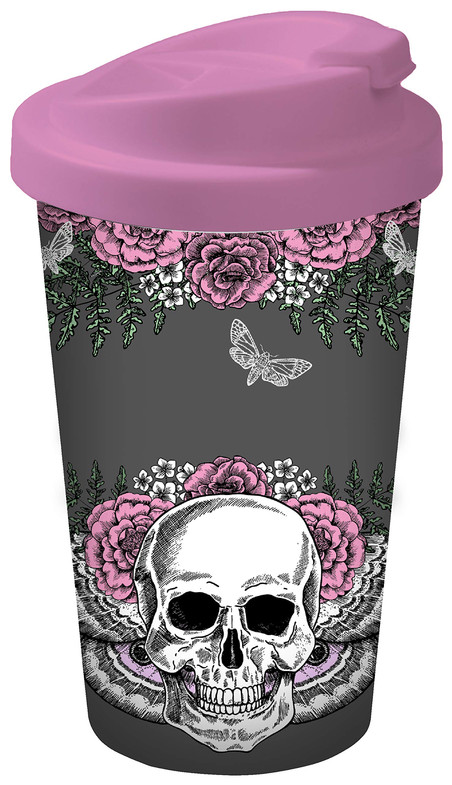Infinite by GEDA LABELS (INFKH) 13667 Skull Lady Skull Coffee to Go Mug, Thermal Mug, Reusable Cup, Polypropylene, Grey/Pink