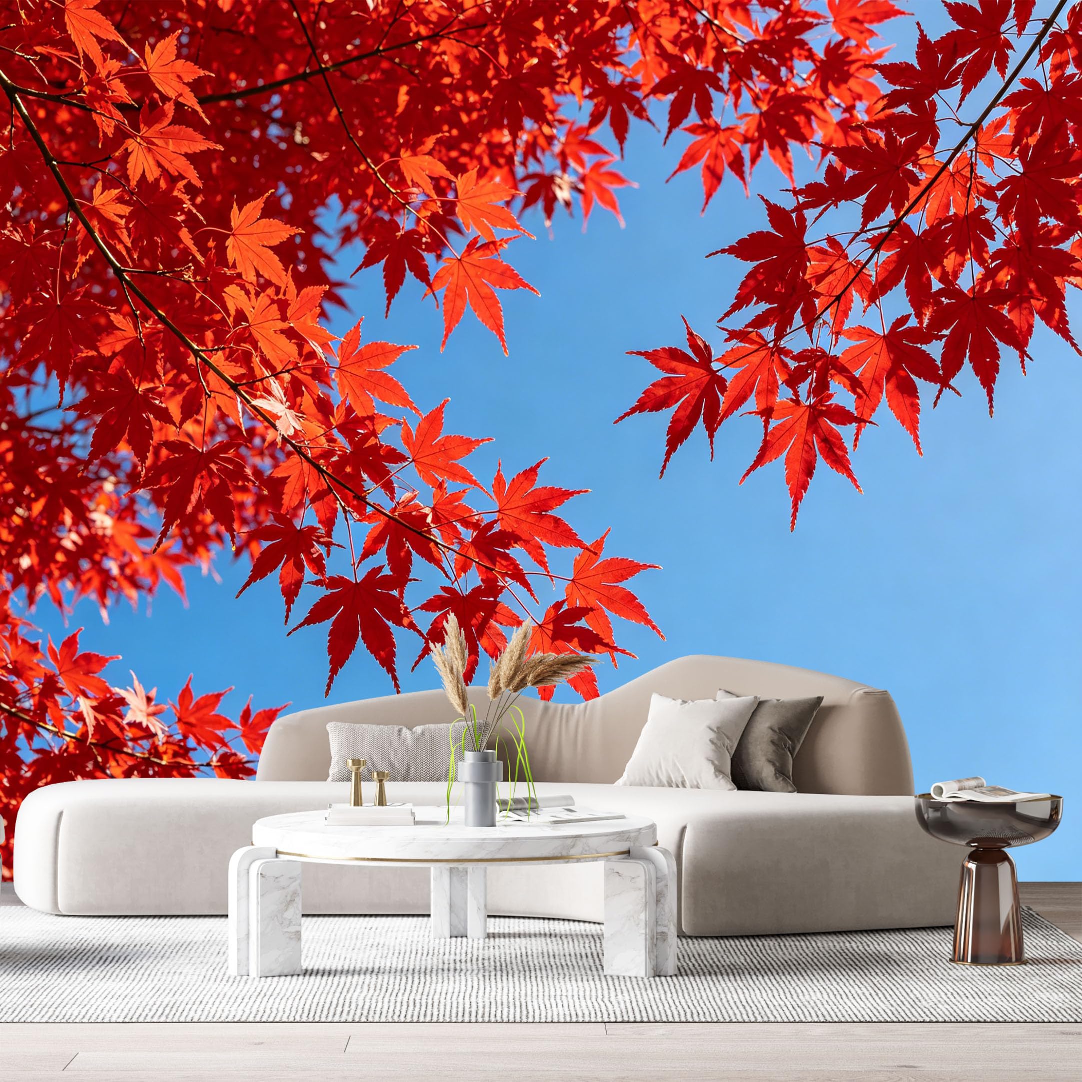 Custom Size Wall Murals Autumn Maple Leaves Botanical Watercolor Blue Sky SelfAdhesive Wall Fabric Removable Large Wallpaper for Photo Living Room