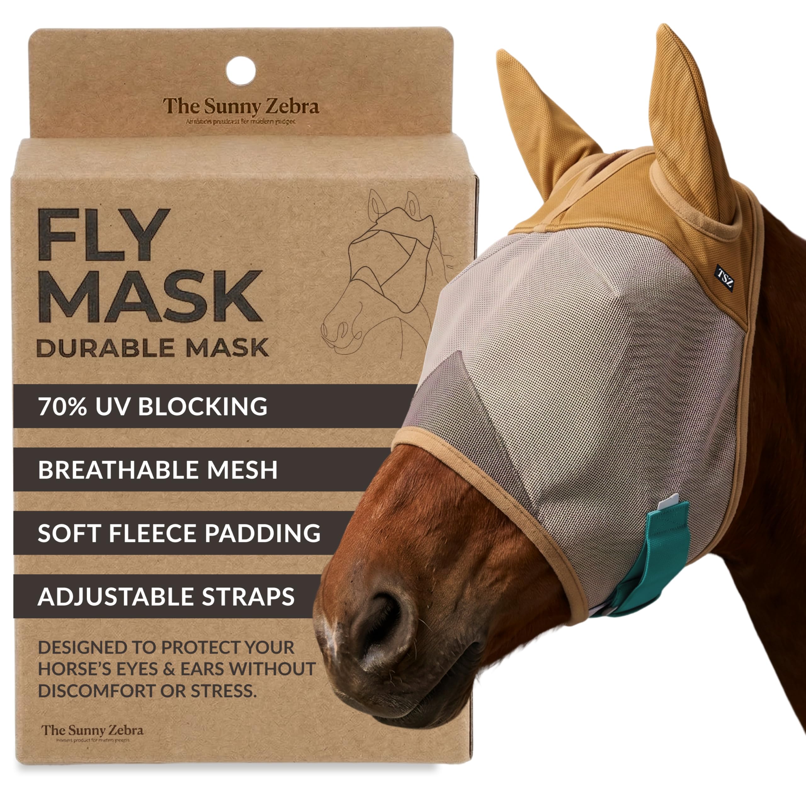 Máscara de mosca de caballo con orejas – Malla que no transfiere calor – 70% de protección UV – Máscara de mosca equina transpirable con cubierta para orejas – Tamaño de caballos – Máscara suave y