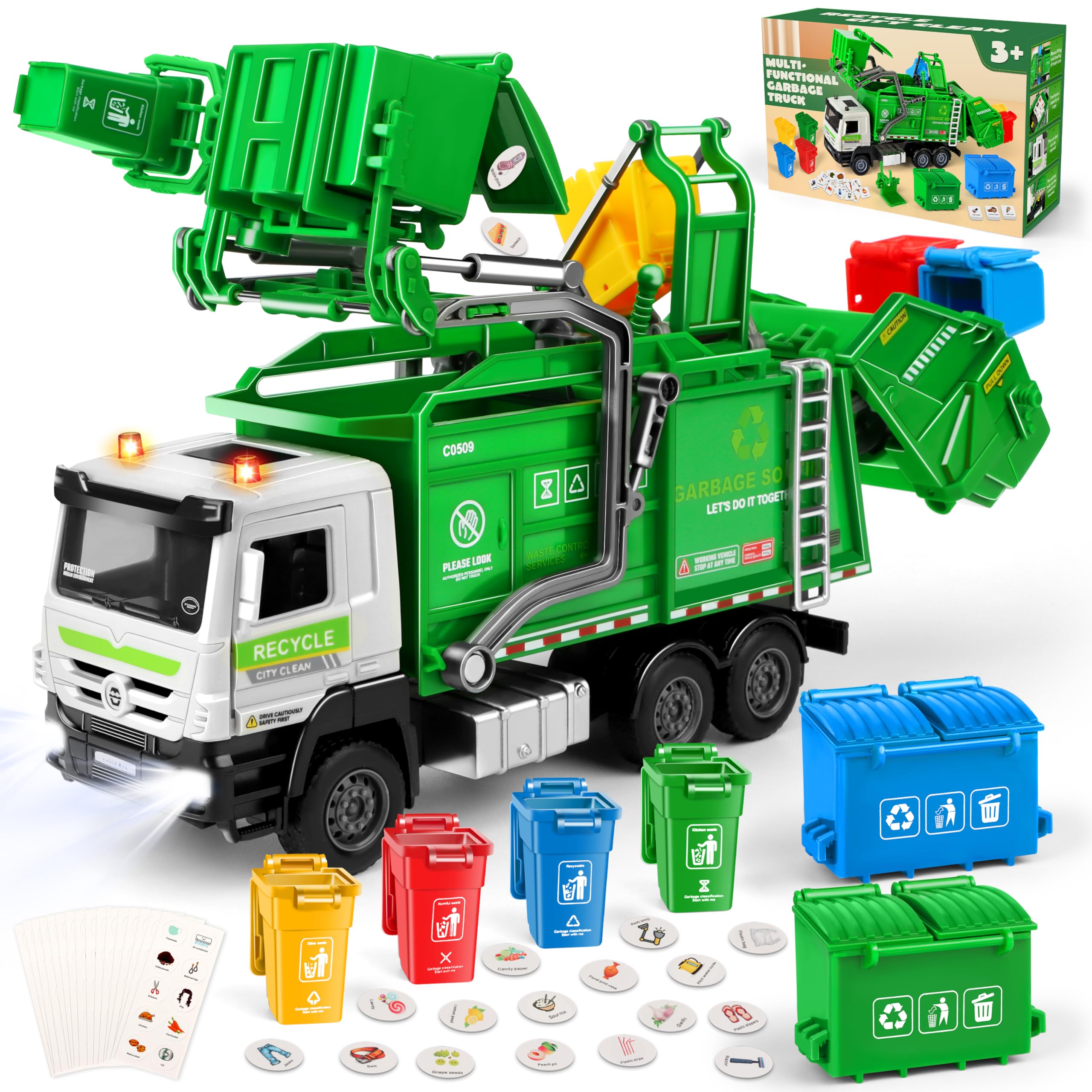 Charmofun Müllwagen Spielzeug, Müllauto Spielzeug mit 6 Mülleimer, 180 Müllkarten, Licht und Sounds, Müllabfuhr Auto Kinder Geschenk für ab 3 Jahren Jungen und Mädchen