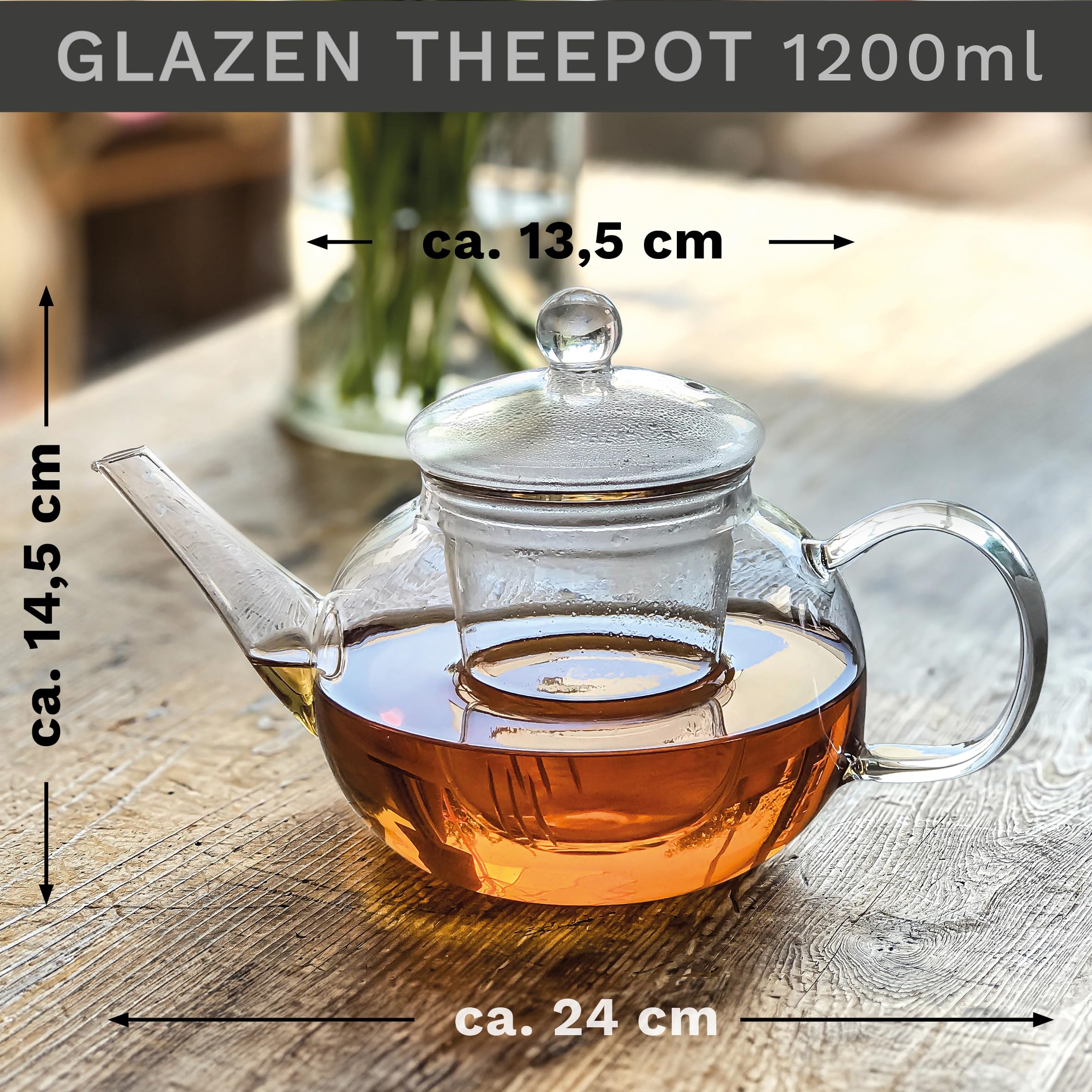 Creano Theepot van glas 1,2 liter zwart roestvrijstalen kooktoestel - glazen theepot met roestvrijstalen filter en deksel - ideaal voor het bereiden van losse thee - 100% druppelvrij