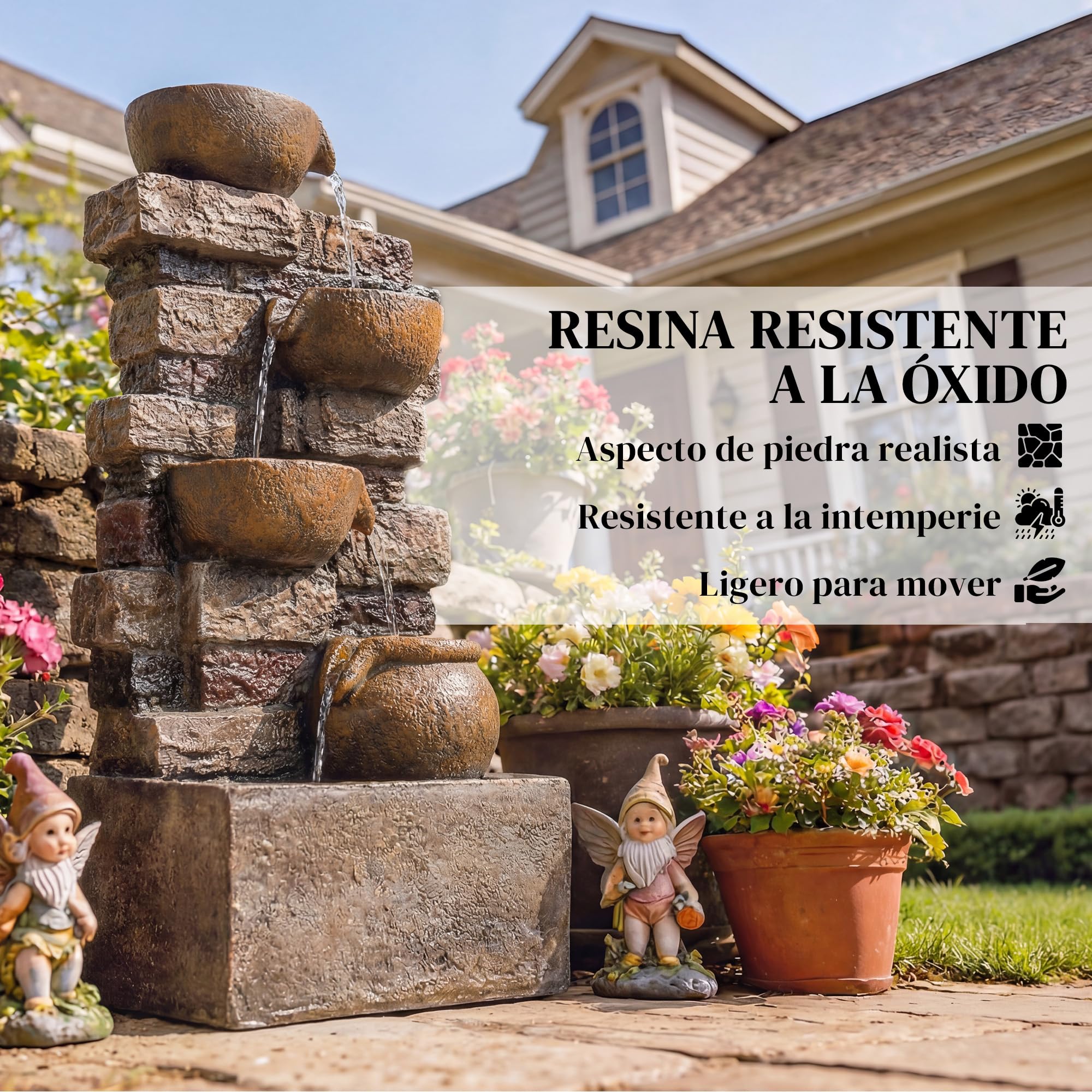 Outsunny Fuente de Agua Decorativa con Iluminación LED y Bomba, Fuente de Jardín Exteror en Cascada de 5 Niveles, Flujo Ajustable, Resistente a la Intemperie, para Jardín, Terraza, Marrón Rústico