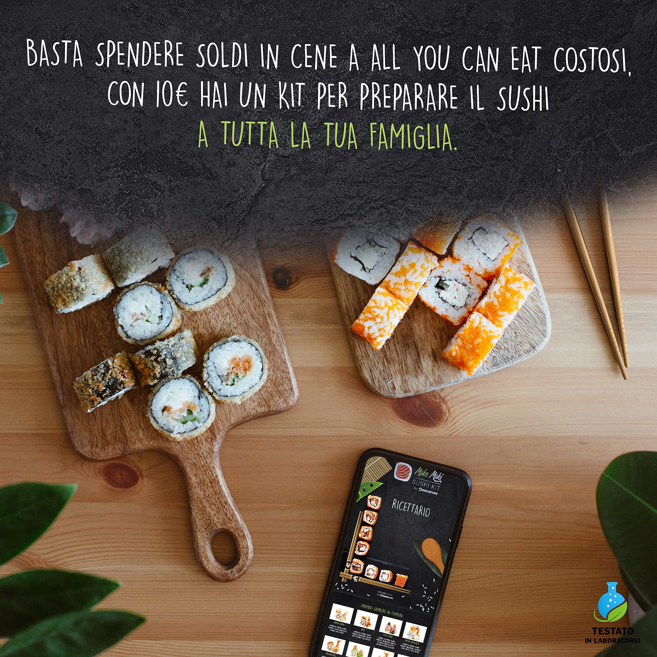 Make Maki Kit Sushi 10 Pezzi in Bamboo sushi kit Sushi Maker per Cibo Giapponese con Bacchette Giapponesi Set Sushi Certificato Omaggio Ricettario E Video Tutorial