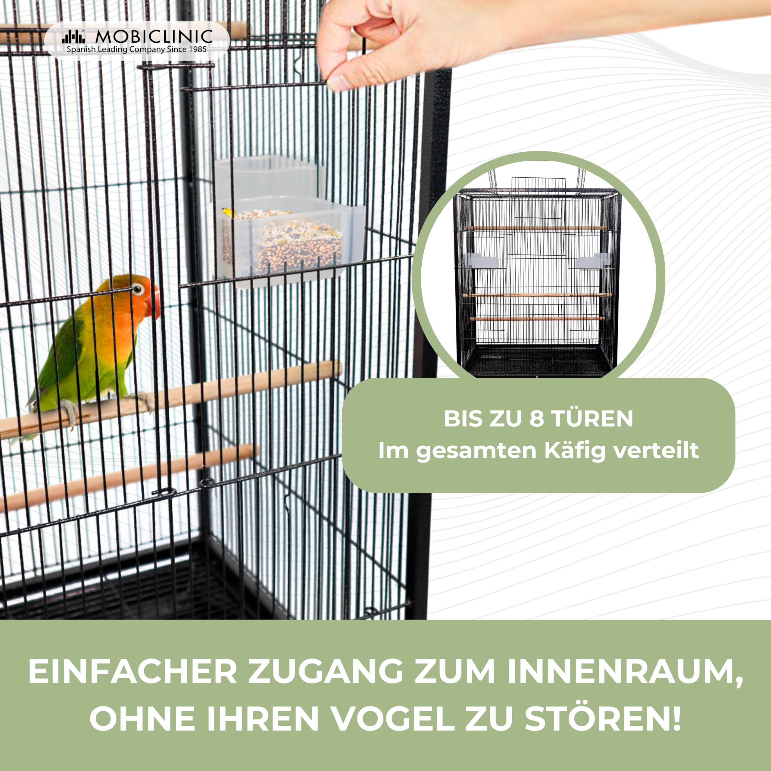 Mobiclinic®, Vogelkäfig, XL, Transporträder, Bremsen, Öffnung nach Oben, Herausnehmbares Tablett, 8 Türen, Großformat, 95x43x61,5 cm, Futterstellen, Tränken, Sitzstangen, Ruhebarsch, NINFA