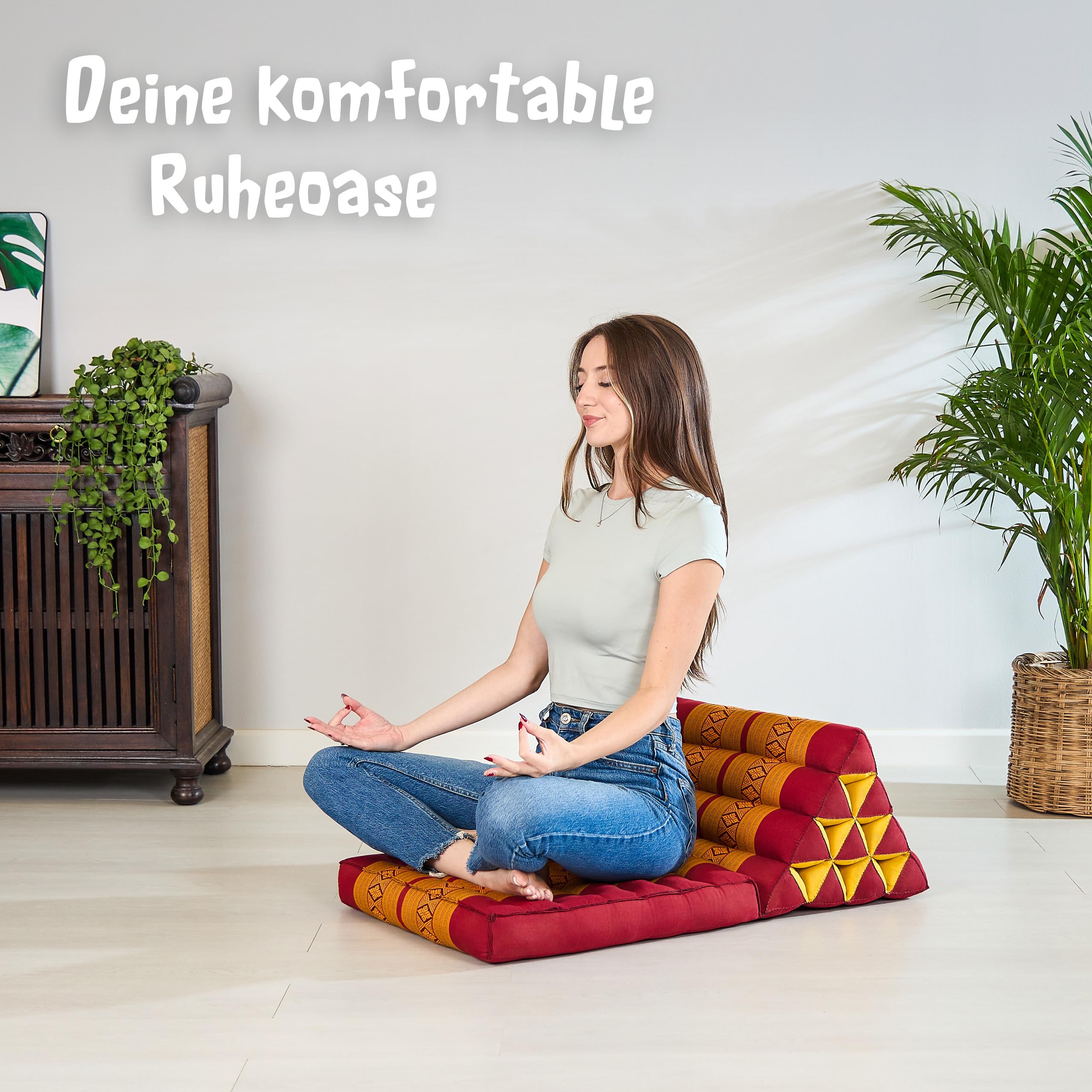 livasia Thaikissen mit 1 Auflage - 75x50x8cm - Dreieckskissen mit Sitzkissen, Keilkissen mit Kapok, Rückenkissen faltbar, Thaimatte zum Klappen, handgefertigt, Meditationskissen (Rot/Gelb)