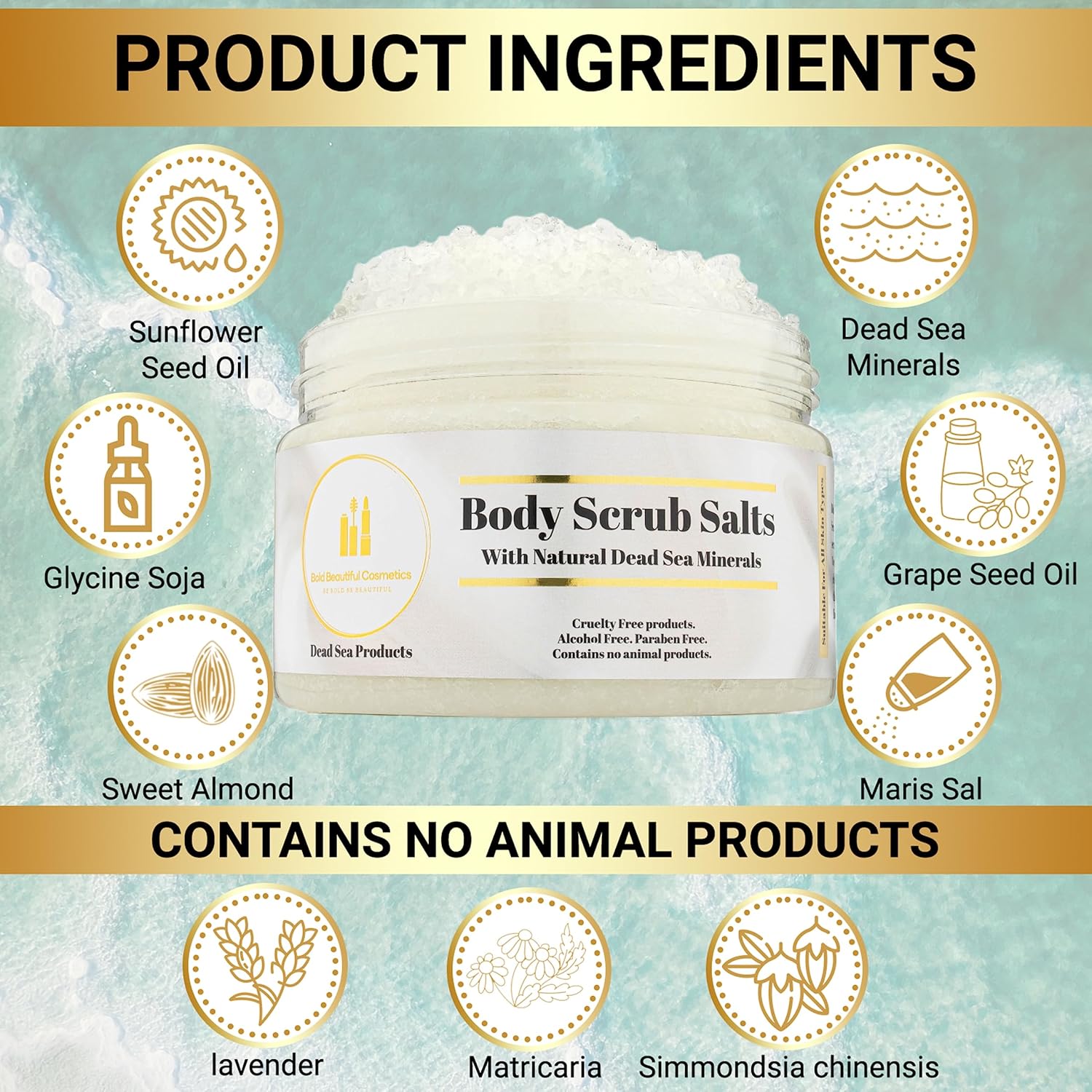 Dead Sea Salt Scrub by Bold Beautiful Cosmetics Lavender & Matricaria Scent Natural Body Scrub For Women and Men 14oz