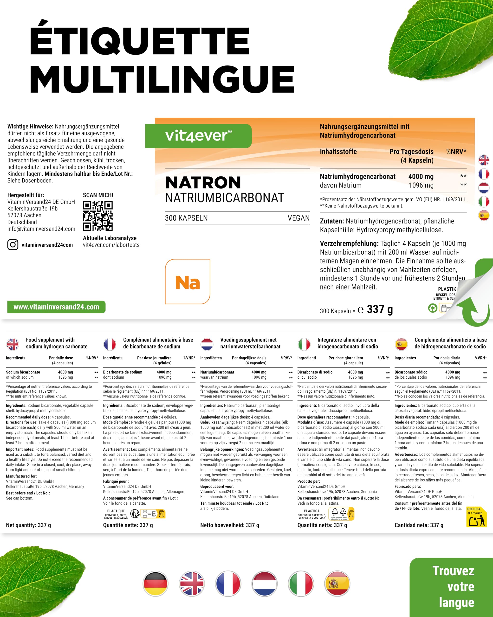vit4ever Gélules de Bicarbonate de Sodium 1000 mg - 300 Gélules - Bicarbonate de Sodium Hautement Dosé - Vegan, Sans Additifs Inutiles