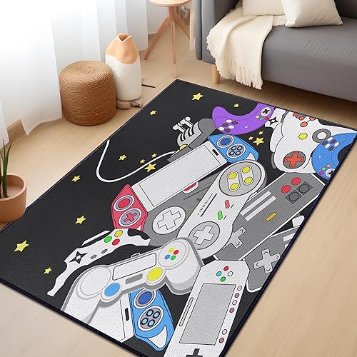 Miniatura 5 de Reihanosk Alfombra de juegos para adolescentes y niños con decoración de controlador de juegos, alfombras de juegos 3D para dormitorio de niños,