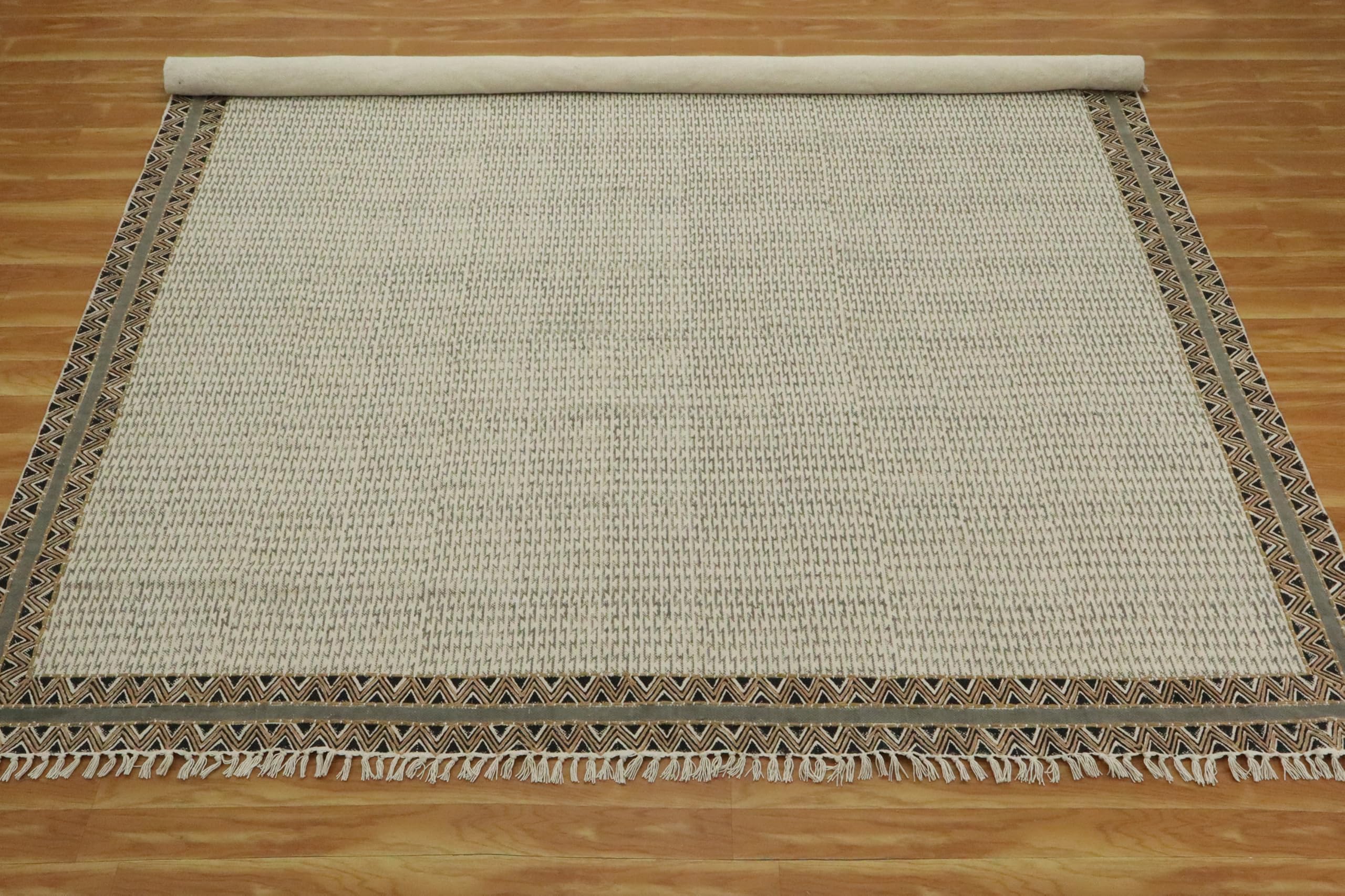 Kelim-Teppich, handbedruckt, Baumwolle, 3 m, quadratisch, grau-braun, Stickerei, geometrisches Design, Handoberfläche, waschbar, 0,5 cm dick, Boho-Flachgewebe, Teppiche für Flur, Esszimmer