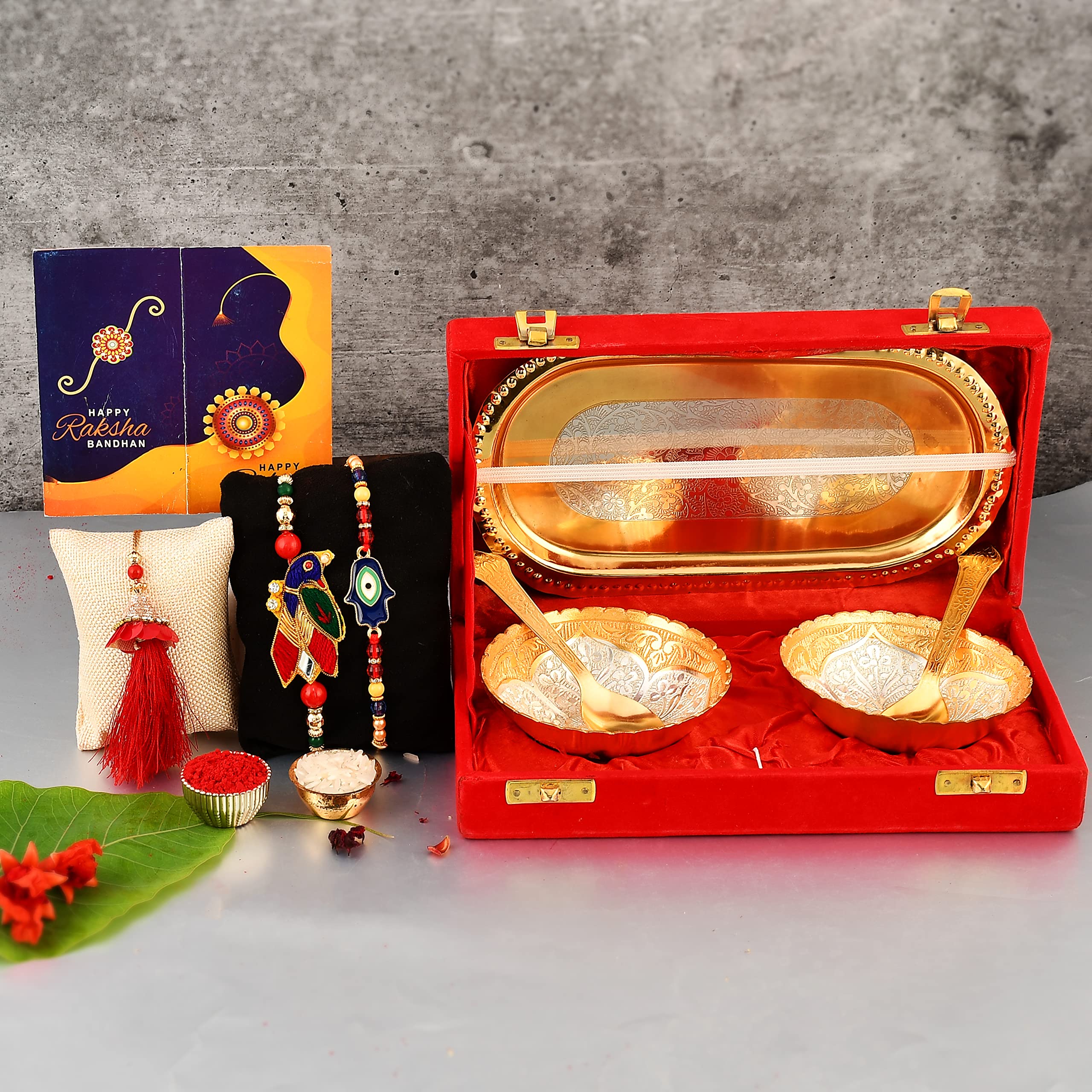 Yalambar Rakhi Gift Combo Set - Rakhi for Rakshabandhan Gifts for Bhaiya Bhabhi- Floral Bowl Set with Royal Velvet Gift Box + Rakhi Set of 3 +Roli Chawal + Free Rakhi Card-YAL-02-855 (B0B5S36PXG) Amazon Price History, Amazon Price Tracker