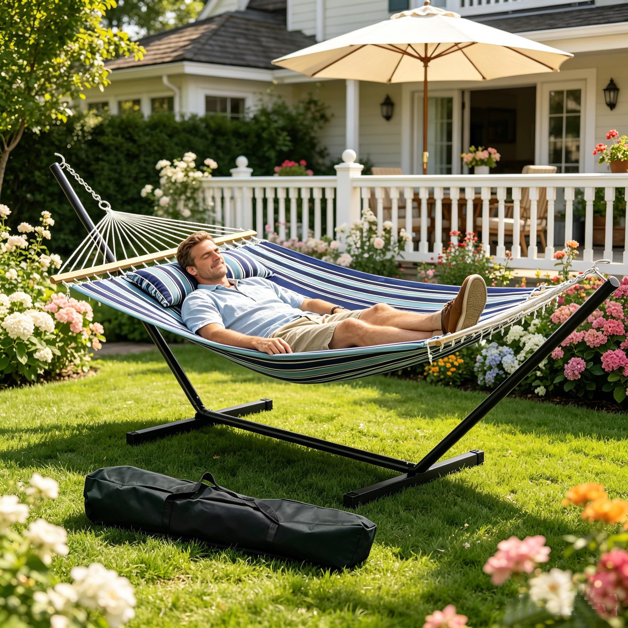 Doppelhängematte Mit Gestell, Belastbar Bis 215kg, Wetterfeste Gartenhängematte Mit Kissen & Tragetasche, 3-Fach Gedrehte Seile, Hängematte Für Garten, Terrasse, Camping & Strand