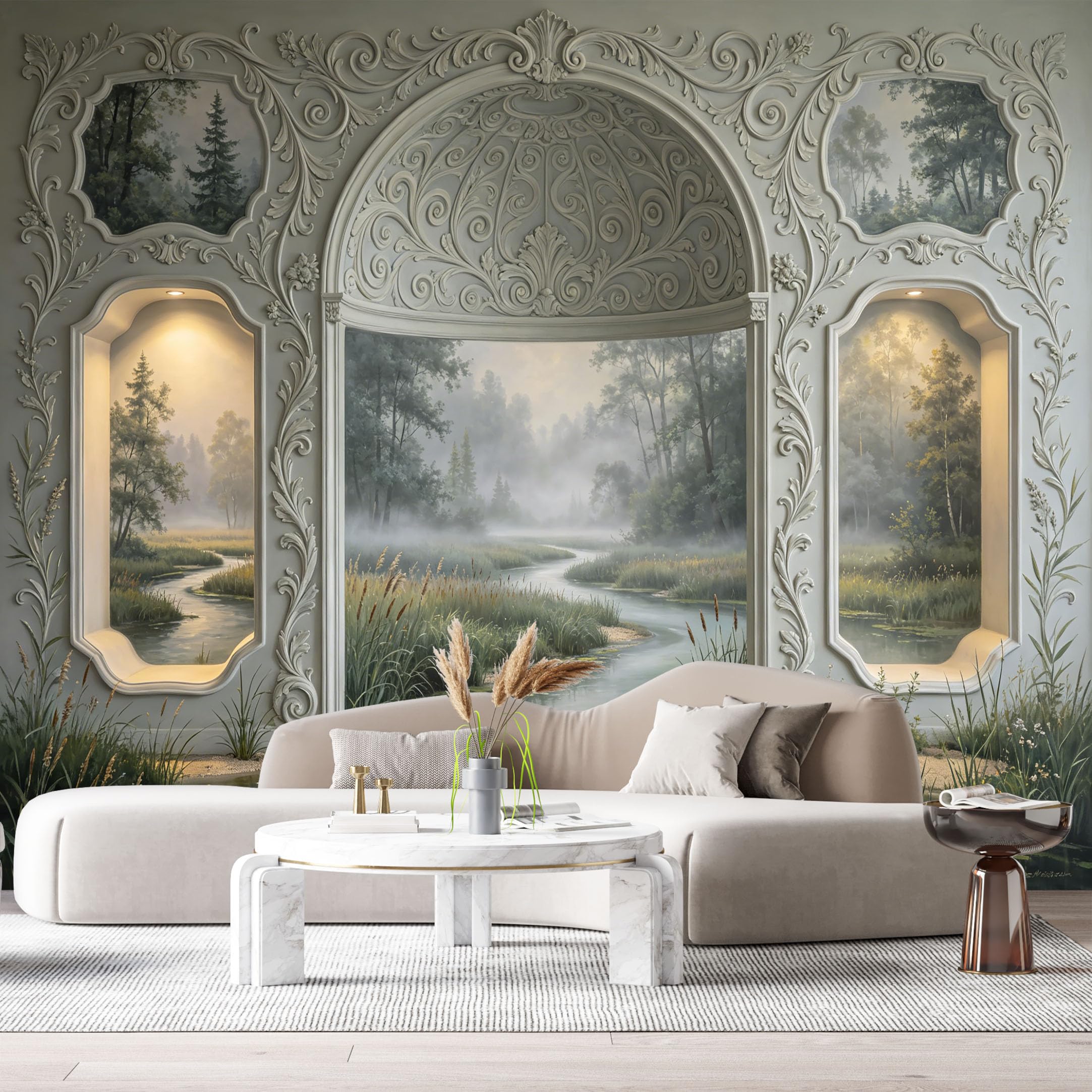 Custom Size Wall Murals Surreal Misty River Forest Archway Oil Painting 3D Trompe L'Oeil SelfAdhesiveWall Fabric Removable Wallpaper Wall Decor for Living Room Bedroom Bathroom