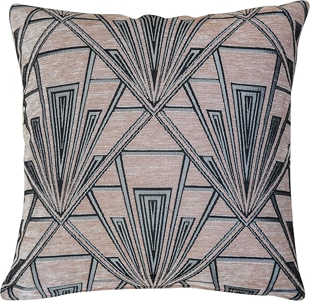 Linen Loft Art Deco Geometric Cushion Cover. Blush Pink and Silver Vintage Design. Luxury Velvet Chenille. 17x17 Square. Cover Only.