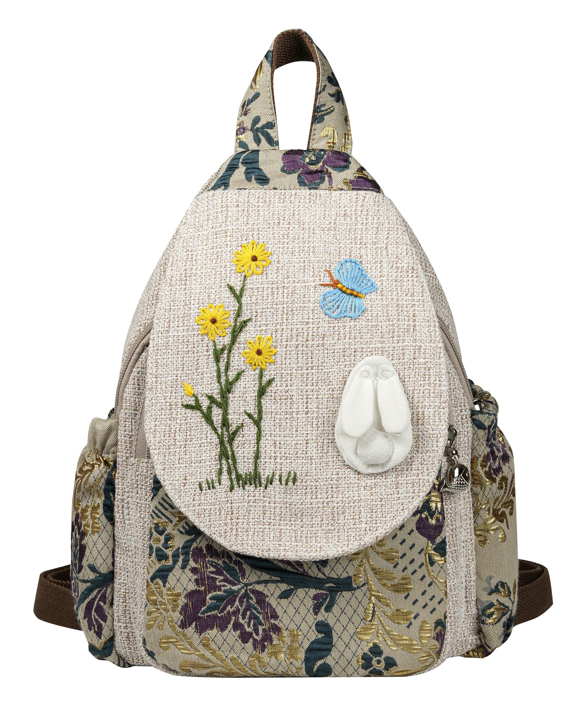 HUANGGUOSHU Boho Knit Mini Backpack - Handmade, Multi-Pocket, Secure Zipper, Gift for Women - Travel, School (Bunny)