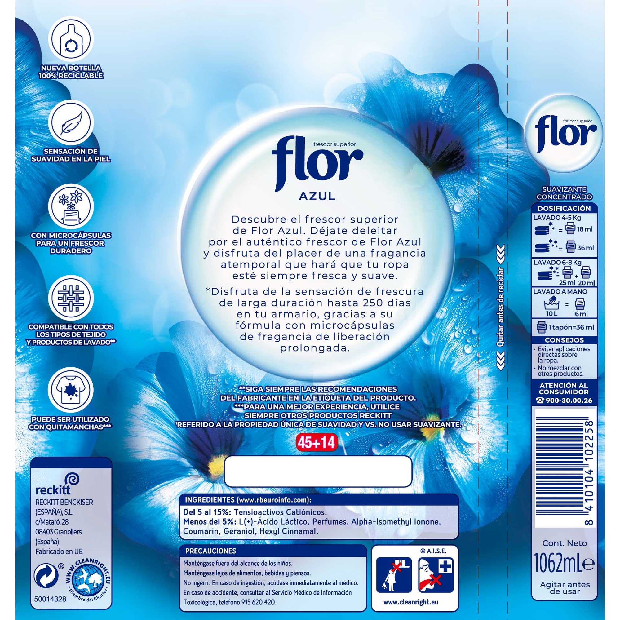 Flor - Suavizante para la ropa concentrado, original frescor superior - Pack de 10, hasta 630 dosis