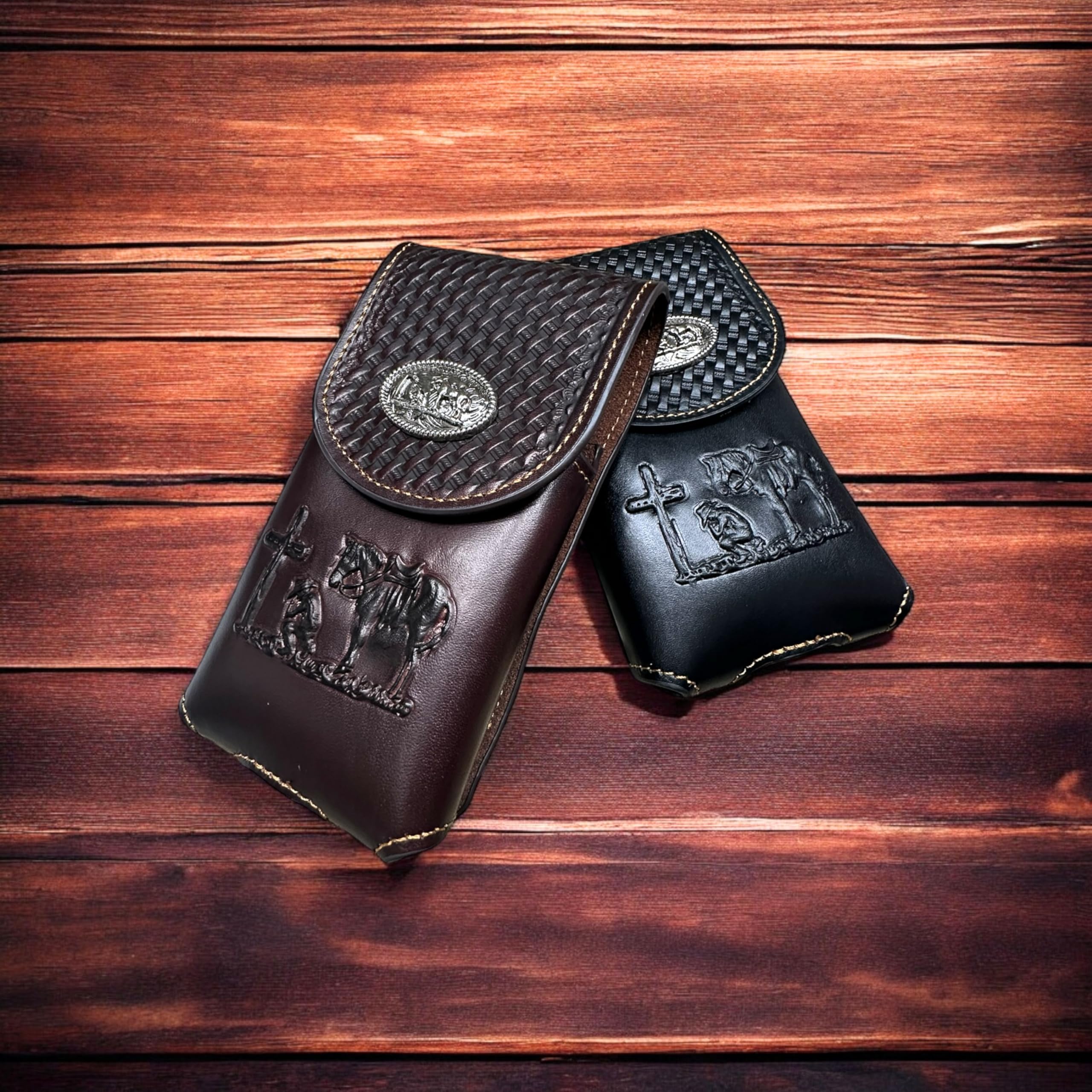 Western riding concho cowboy belt phone holder case Praying Cowboy Western Genuine Leather Belt Loop Phone  main image 3