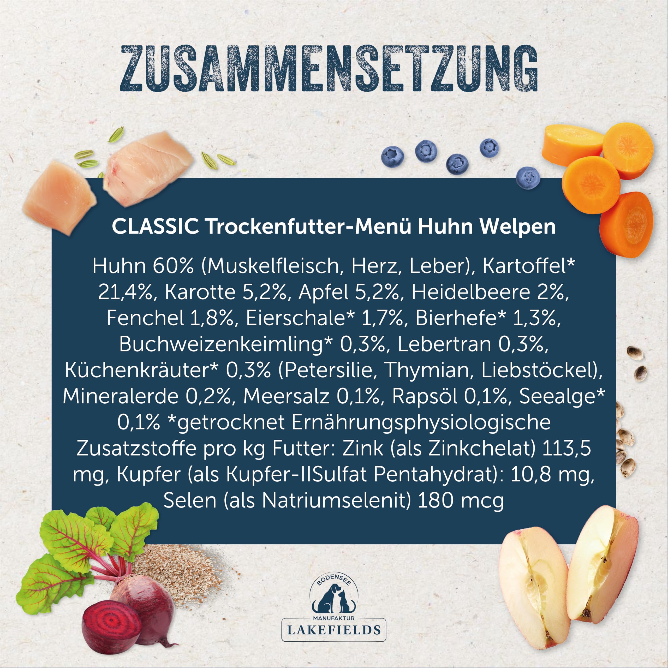 Lakefields Classic Trockenfutter für Welpen | Huhn 60% | 4 x 2,5kg | Getreidefreies Welpenfutter trocken | Natürliche Zutaten in Lebensmittelqualität | Fenchel, Apfel & Kartoffeln | Schonend gebacken