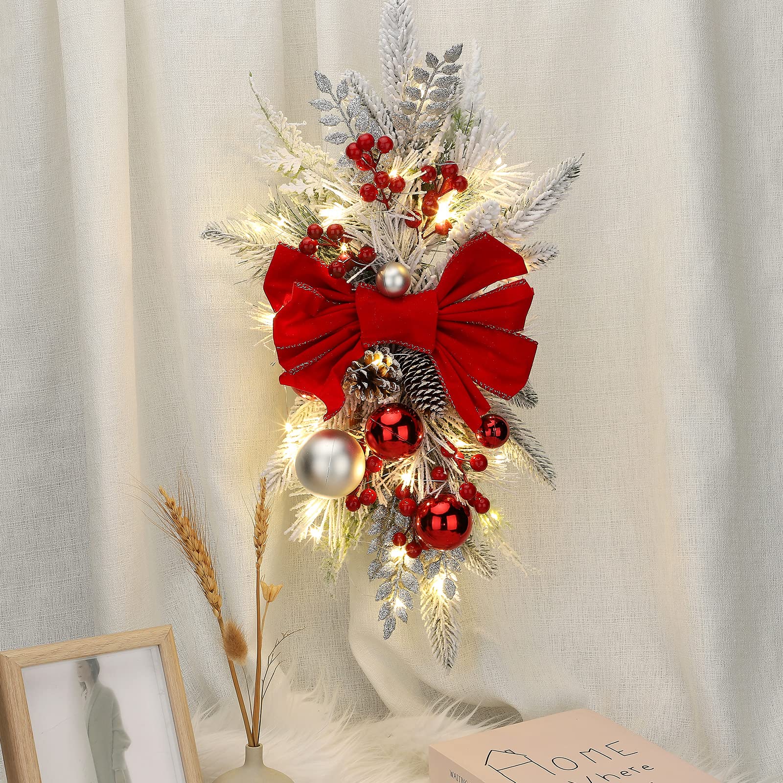 Decorazioni per Scale di Natale - Corona Preilluminata con Luci a Corda, Ghirlanda da Parete Artificiale, 60 x 35 cm
