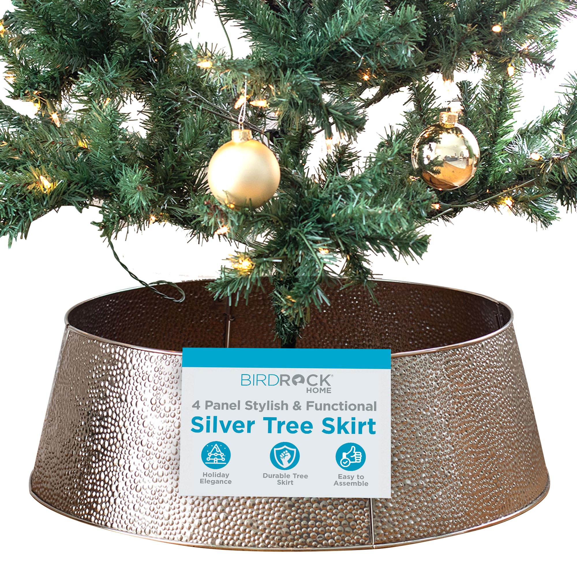 BIRDROCK HOME 4-Panel Christmas Tree Collar - Silver Bubble Tree Skirt -