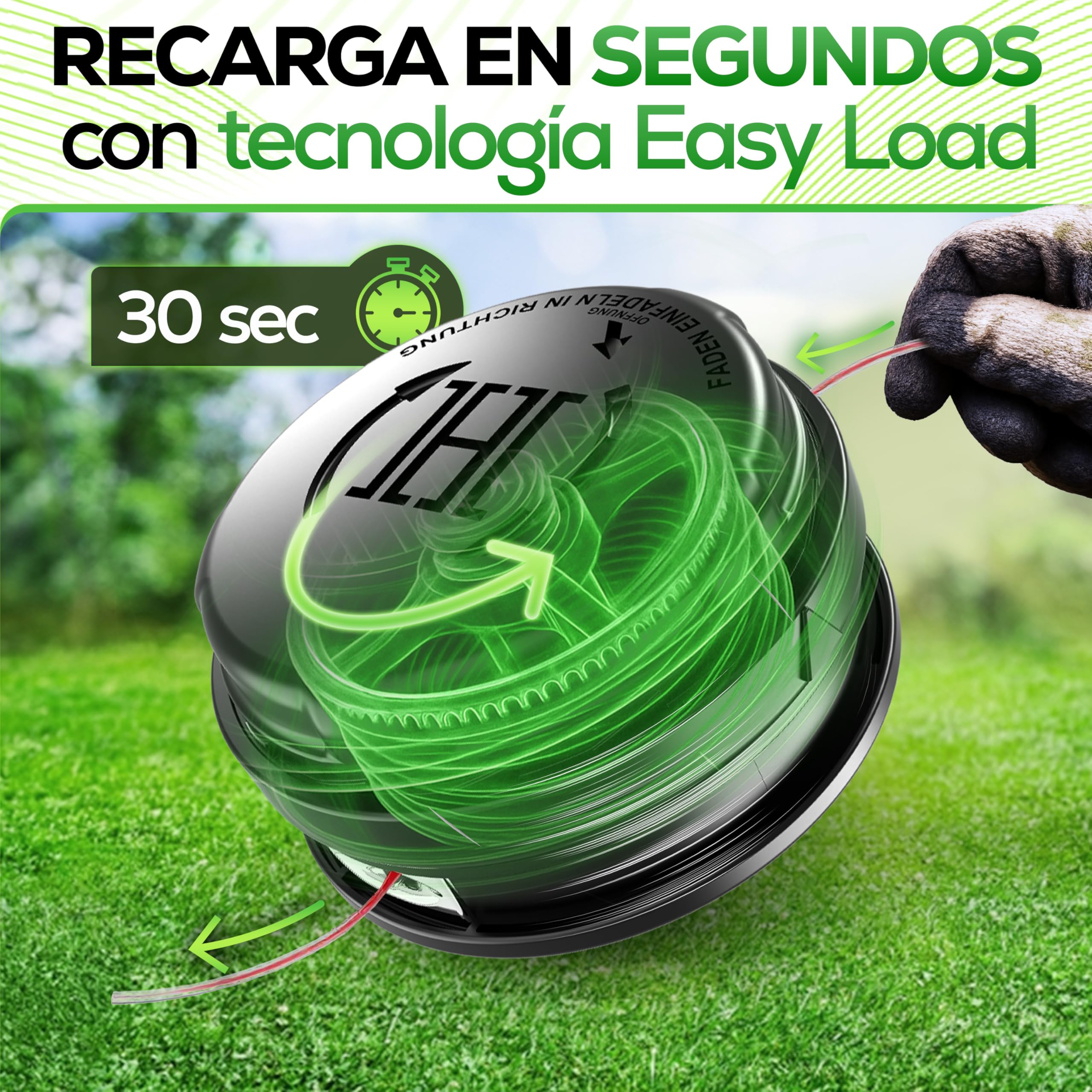 Heckenpracht Cabezal de hilo para desbrozadora, rosca izquierda con sistema Tap & Go, eficiente corte del césped con cabezal de corte para desbrozadora con función de carga rápida – bobina de hilo