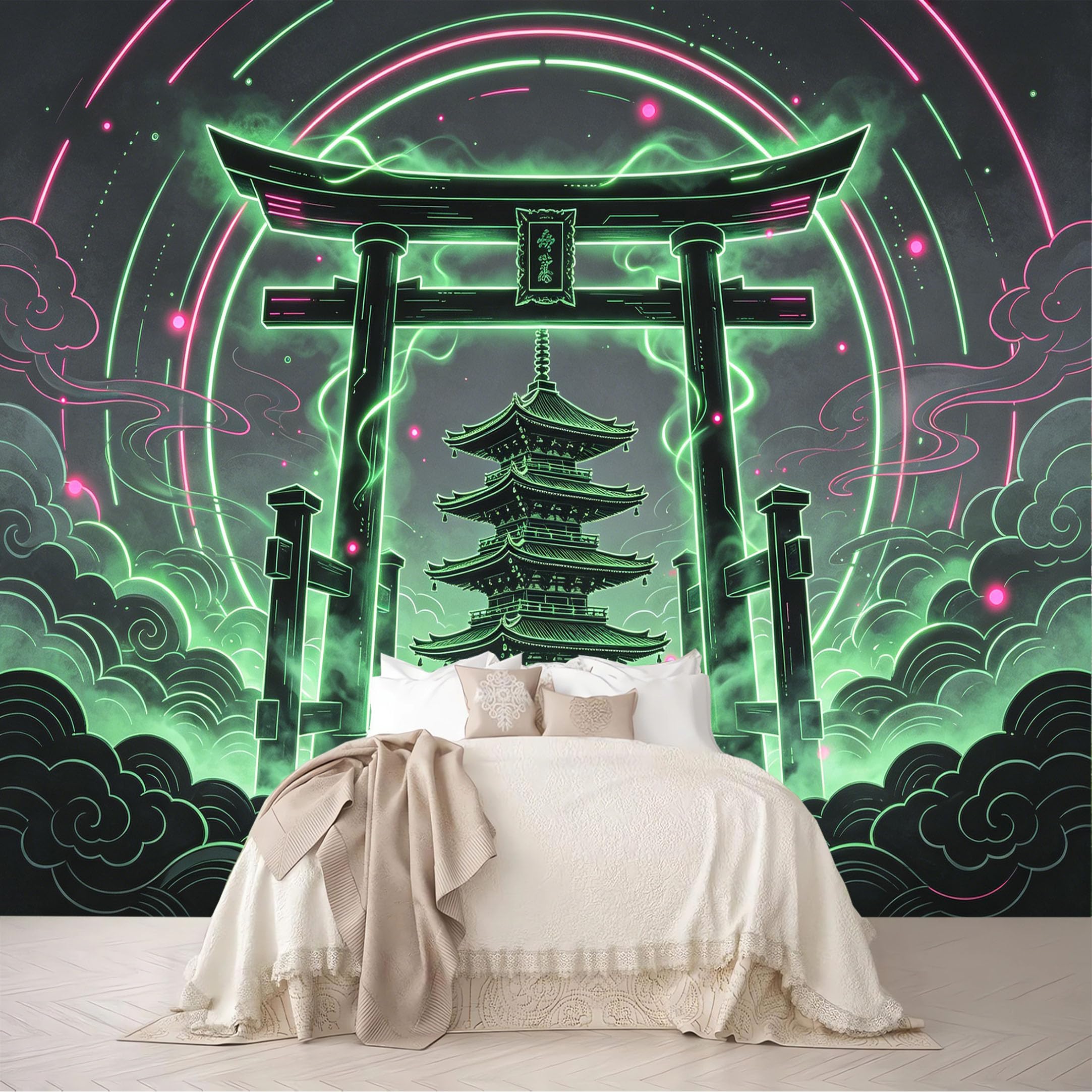 Dskjoviality Ab260706118 Custom Size Wall Murals Neon Green Torii Gate Pagoda Cyber Temple Removable Self-Adhesive For Bedroom Living Room Dining Room