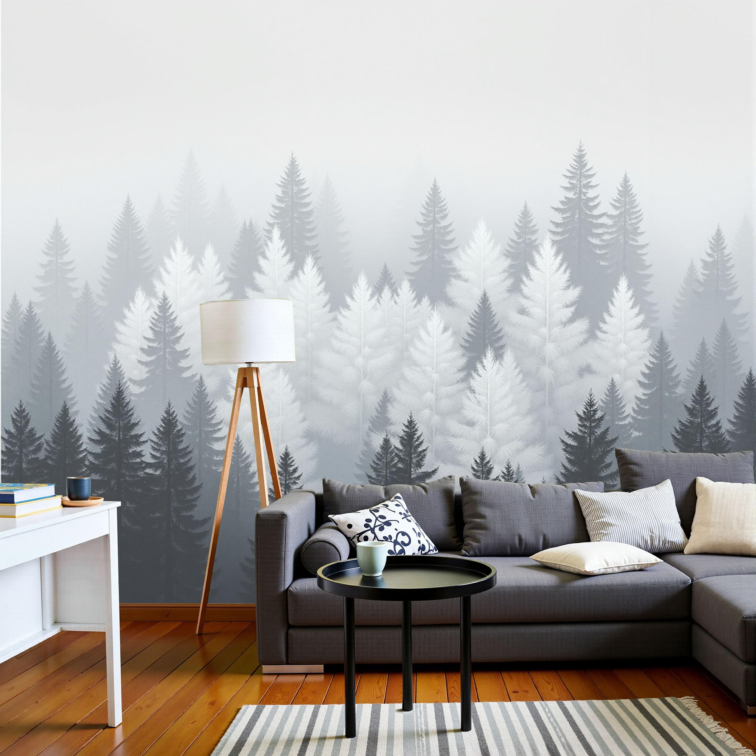 Papier peint 3D panoramique forêt gris en soie 250x175cm