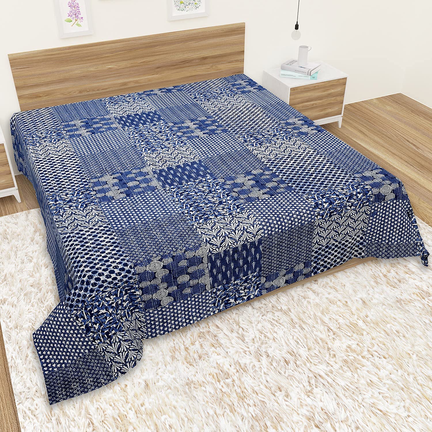 Patchwork Kantha Work Quilt Bedspread Gudari Hand Printed Cotton Bedding Quilt Double Bed Cover Indigo (Blue)-image-6
