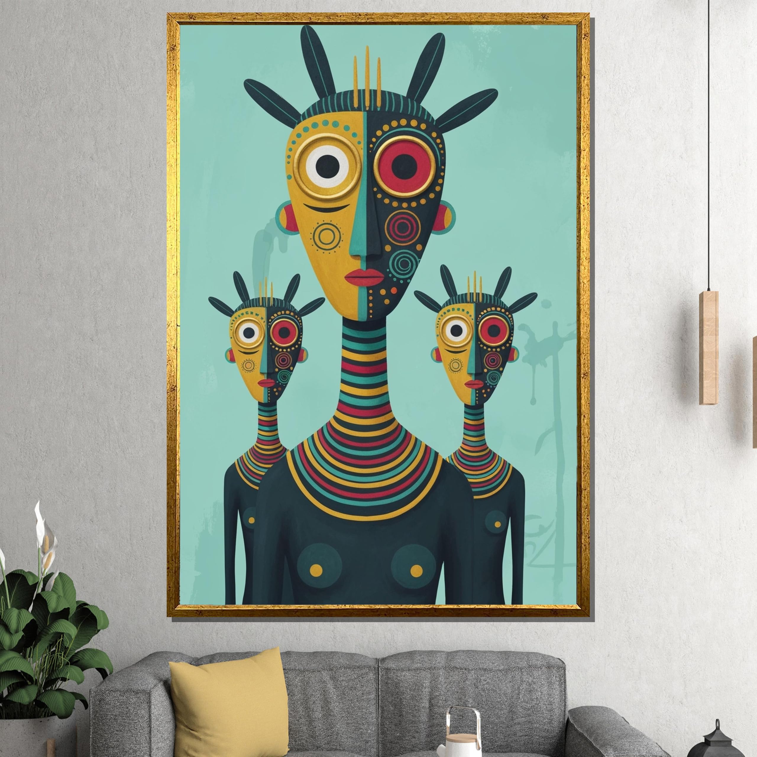 XINBAO Obraz na płótnie z afrofuturystycznymi postaciami plemiennymi - gotowy do powieszenia - obraz na płótnie do biura - abstrakcyjny afrykański (70 x 100 cm / wewnętrzna rama)